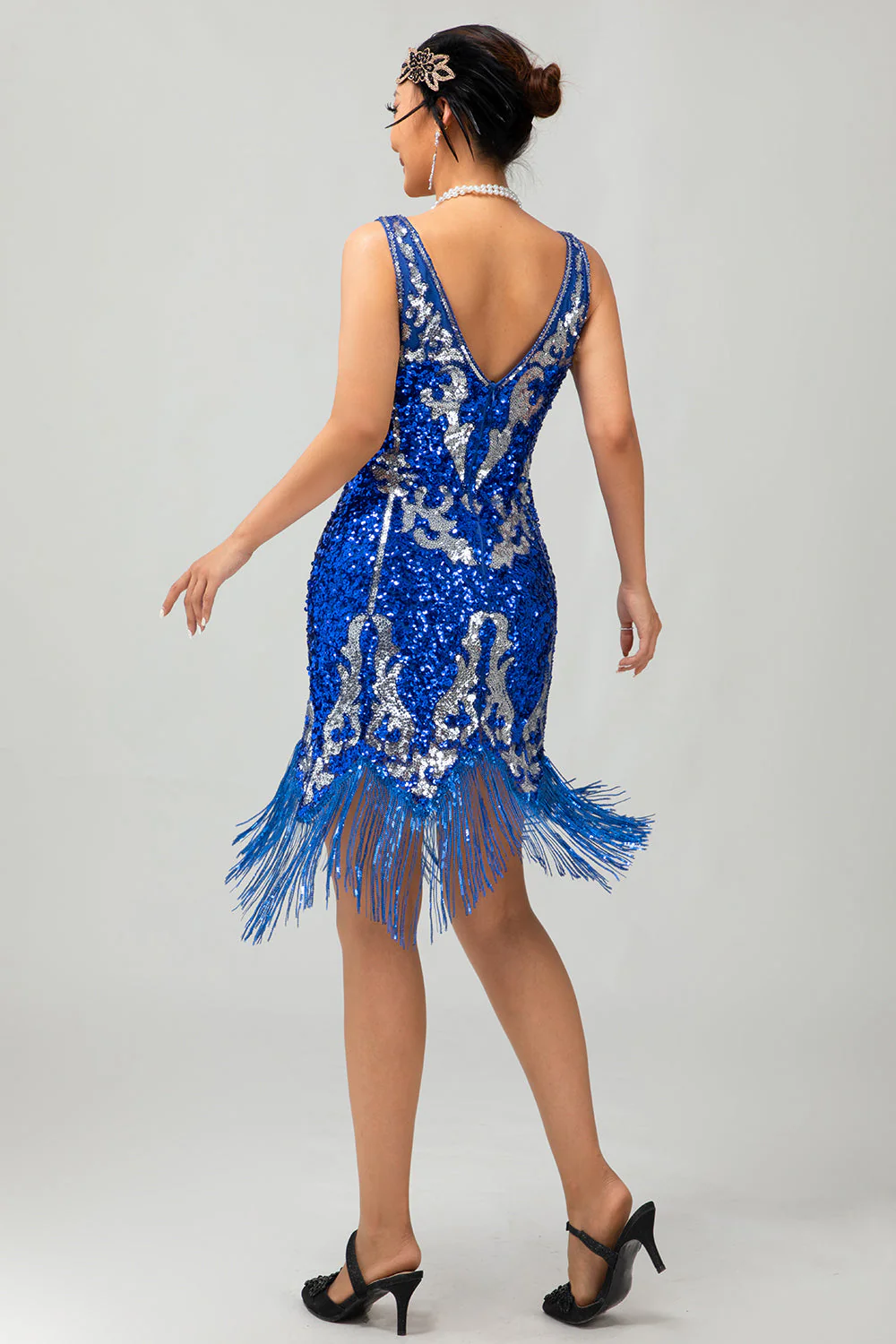 Królewska niebieska cekinowa sukienka Gatsby z 1920 roku z frędzlami - Image 2