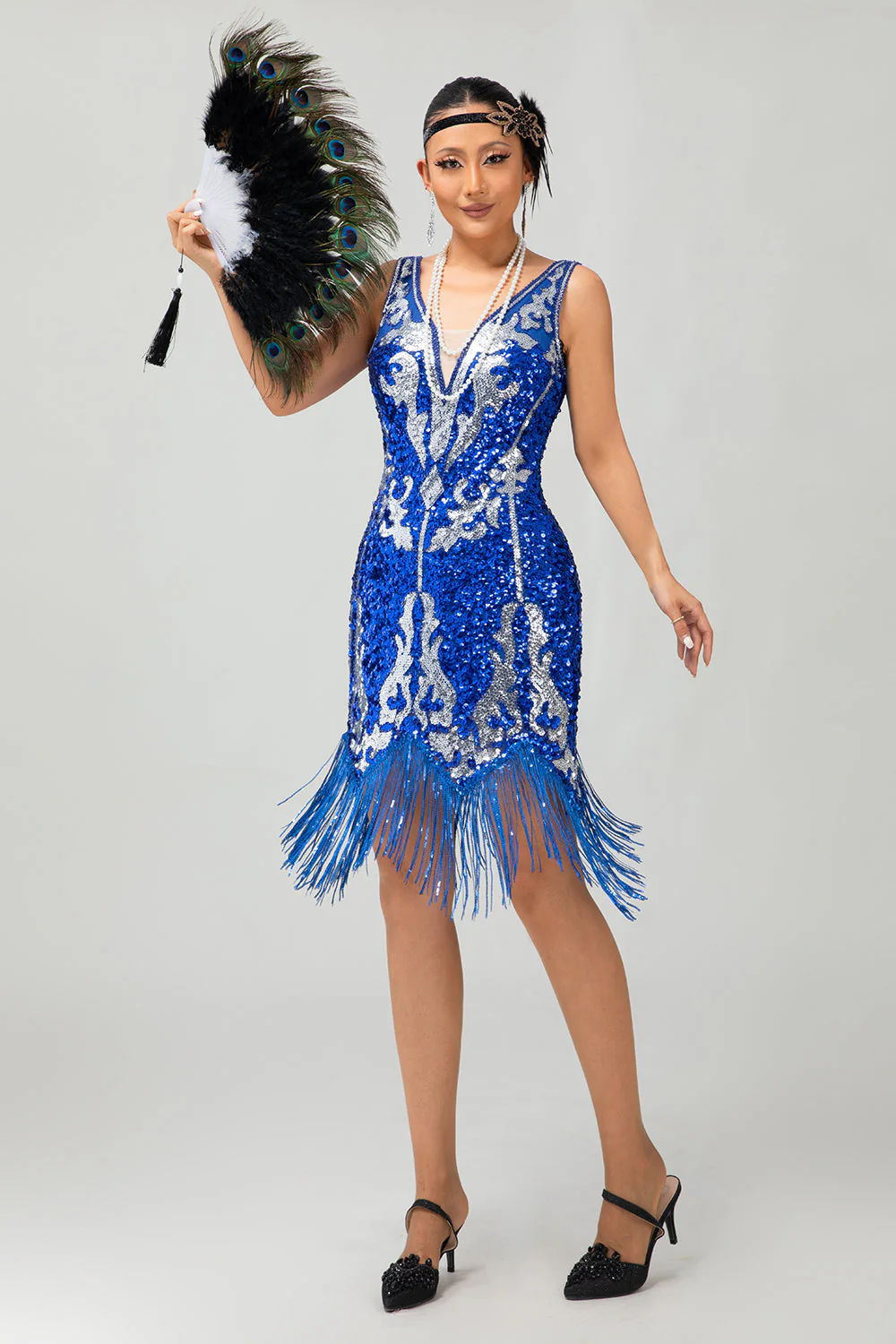 Królewska niebieska cekinowa sukienka Gatsby z 1920 roku z frędzlami - Image 6
