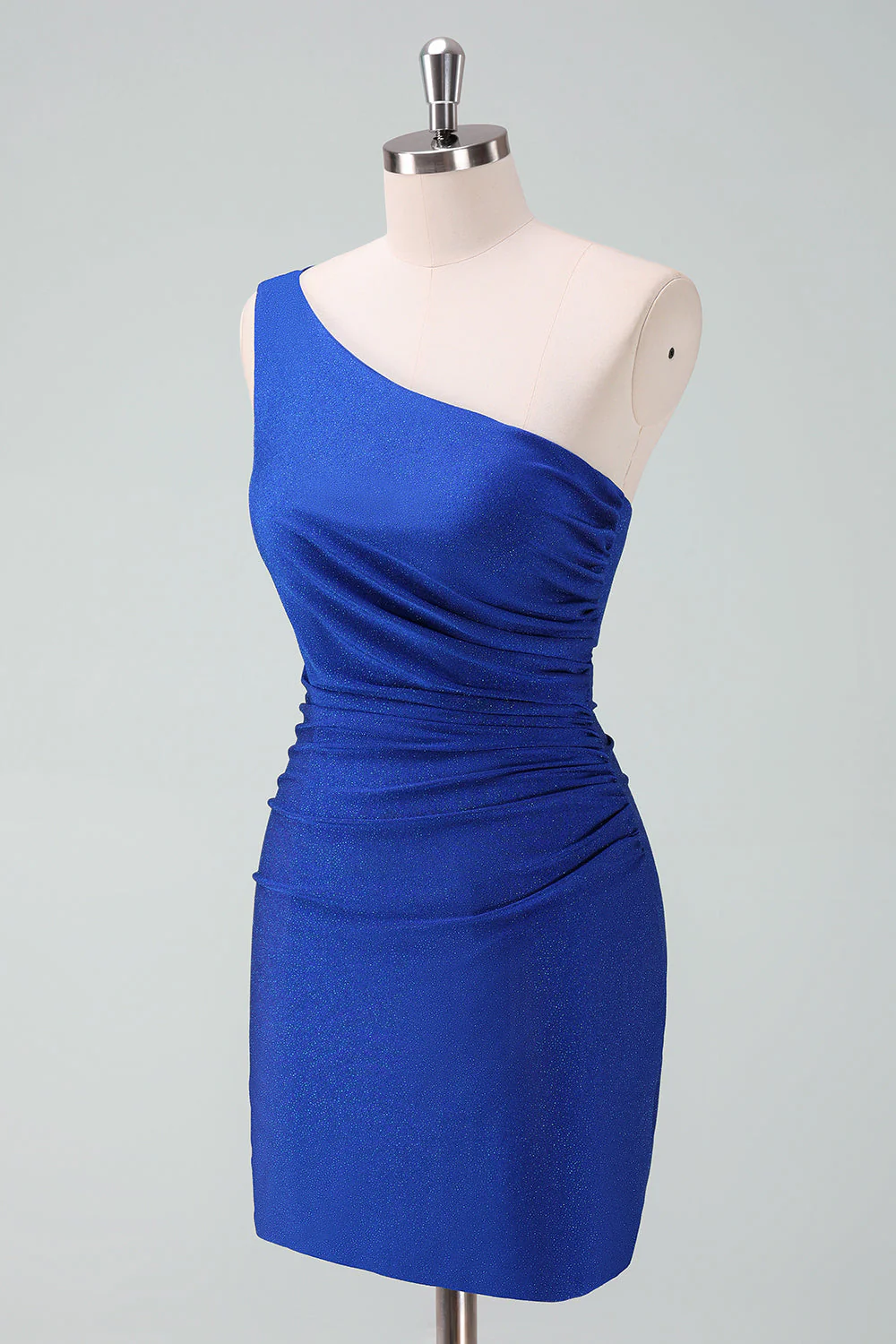 Królewska niebieska krótka sukienka na jedno ramię bodycon z marszczeniami na powrót do domu - Image 3
