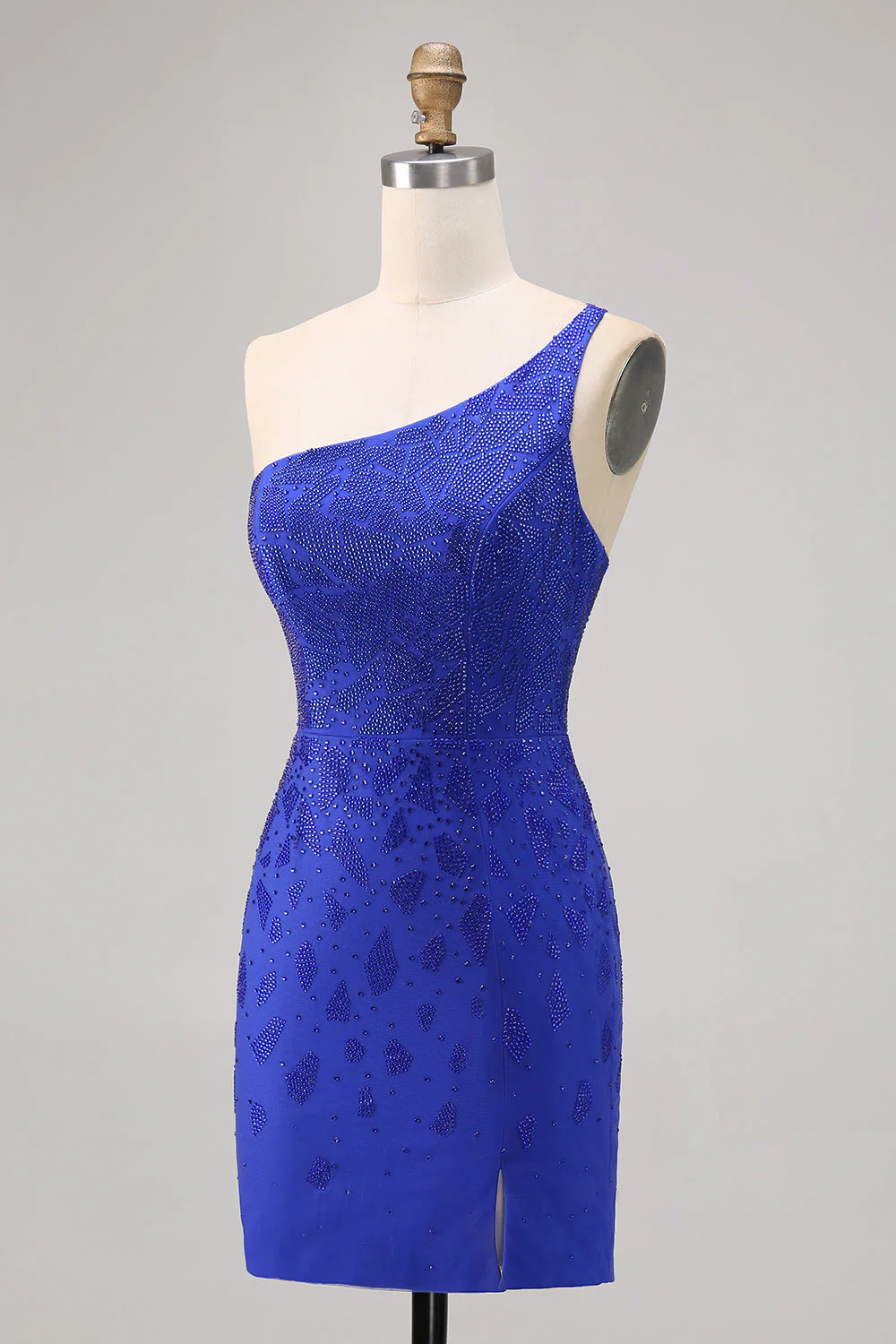 Królewska niebieska sukienka bodycon z koralikami na jedno ramię - Image 3