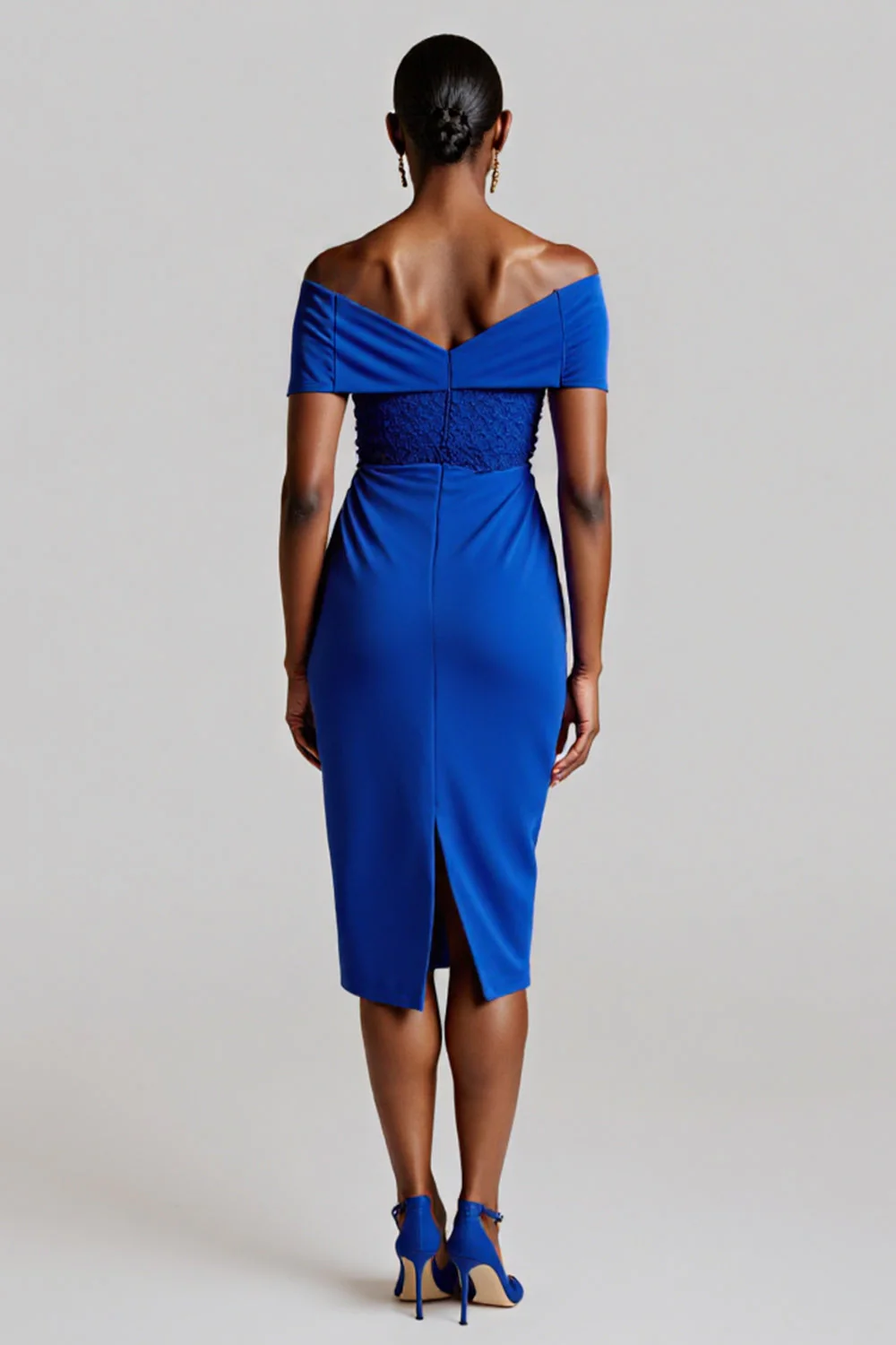 Królewska niebieska sukienka robocza do kolan Off The Shoulder Bodycon z aplikacjami - Image 2