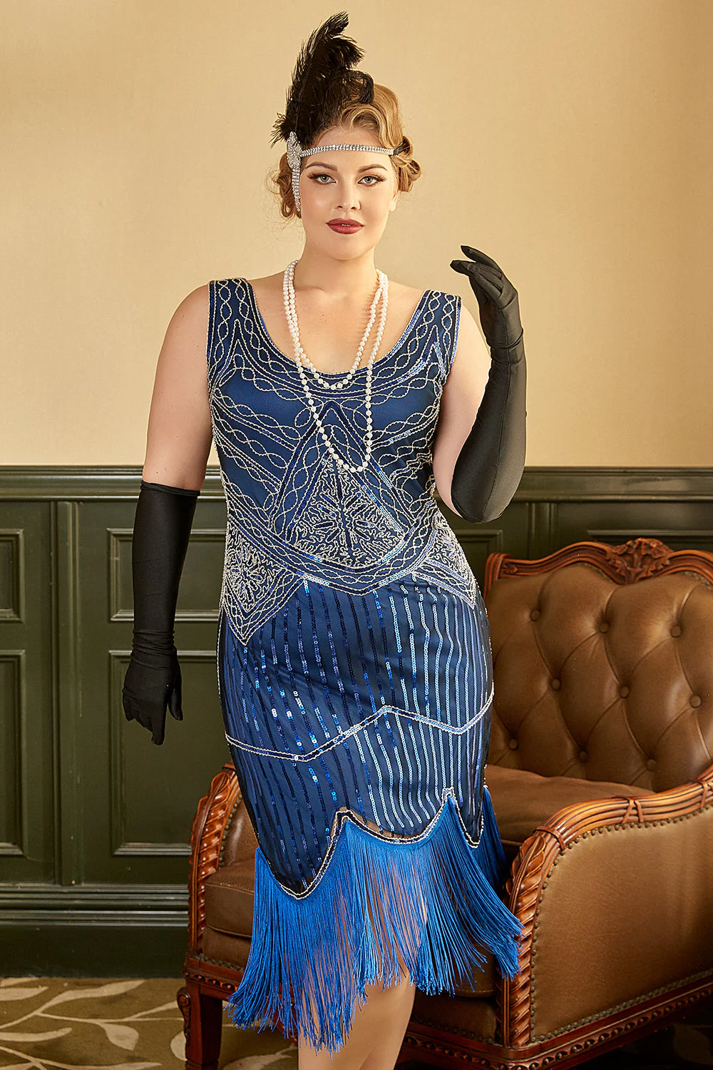 Królewska Niebieska Sukienki Gatsby Dla Puszystych z Frędzlami - Image 4