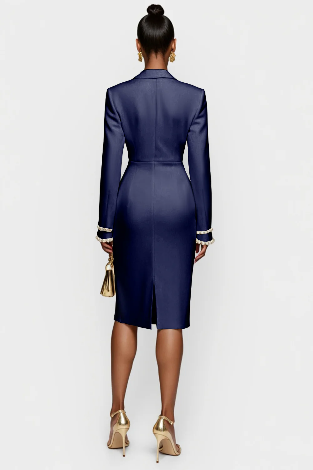 Biała dwurzędowa sukienka robocza z klapami w kształcie klapy bodycon midi - Image 6