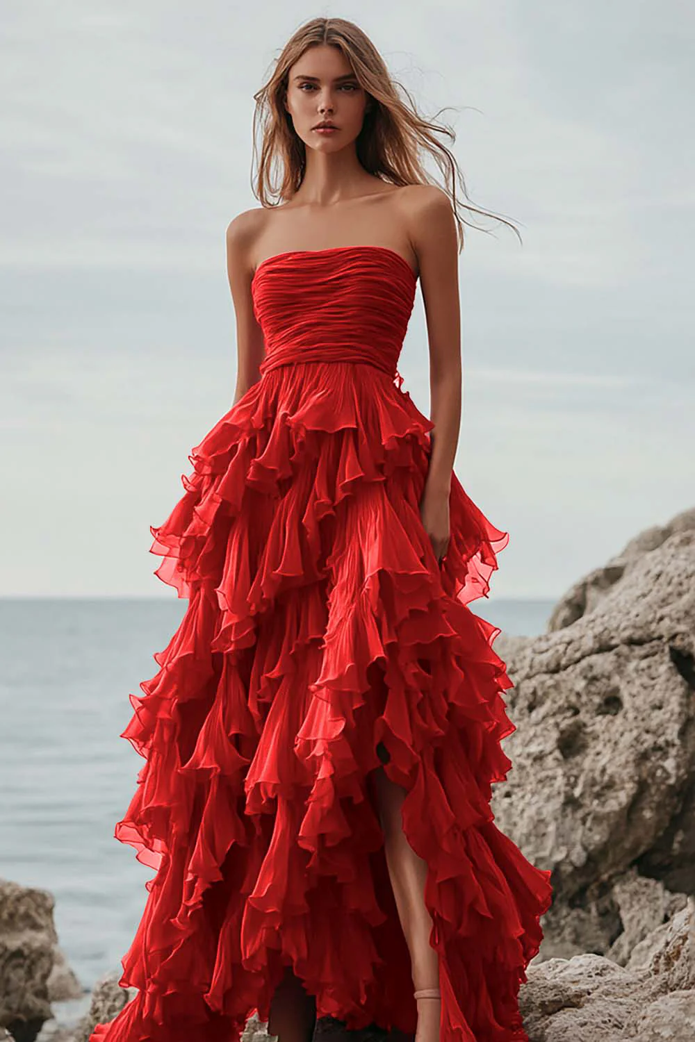 Królewski Niebieski Kształcie Litery A Bez Ramiączek Długa Sukienka Na Studniówkę z Falbankami - Image 4