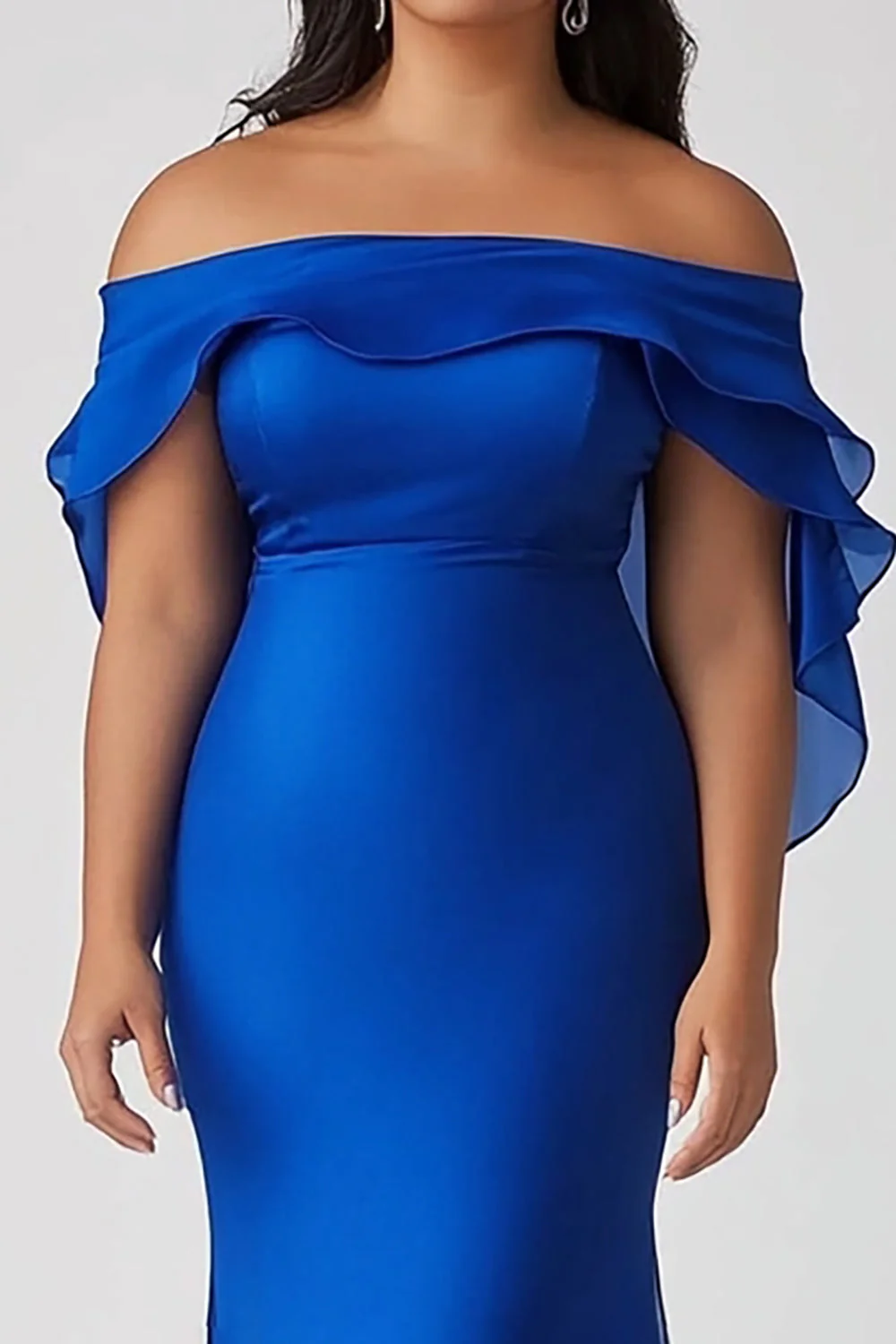 Królewski niebieski Syrenka Satynowe Długa Plus Size Sukienki Na Wesele z Falbankami - Image 2