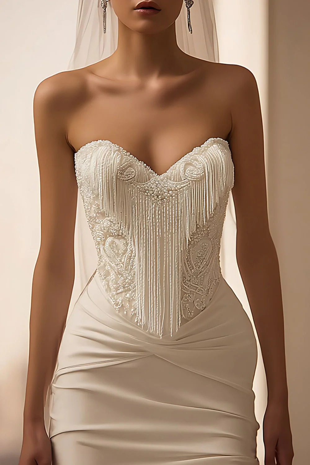 Krótka suknia ślubna z frędzlami w kolorze kości słoniowej Sweetheart Bodycon Bodycon - Image 2