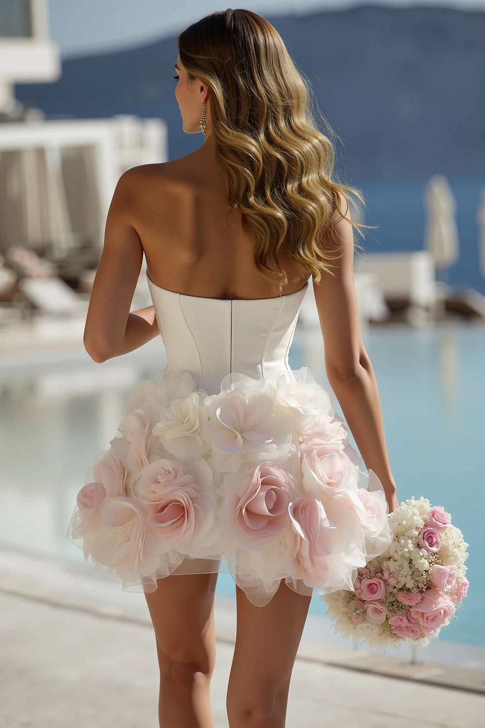 Krótka suknia ślubna z kością słoniową Sweetheart Bodycon z kwiatami 3D - Image 2