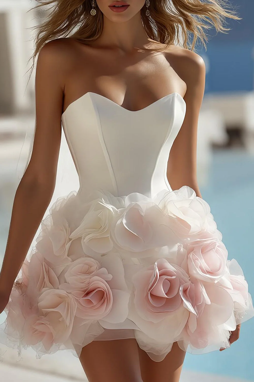 Krótka suknia ślubna z kością słoniową Sweetheart Bodycon z kwiatami 3D - Image 5