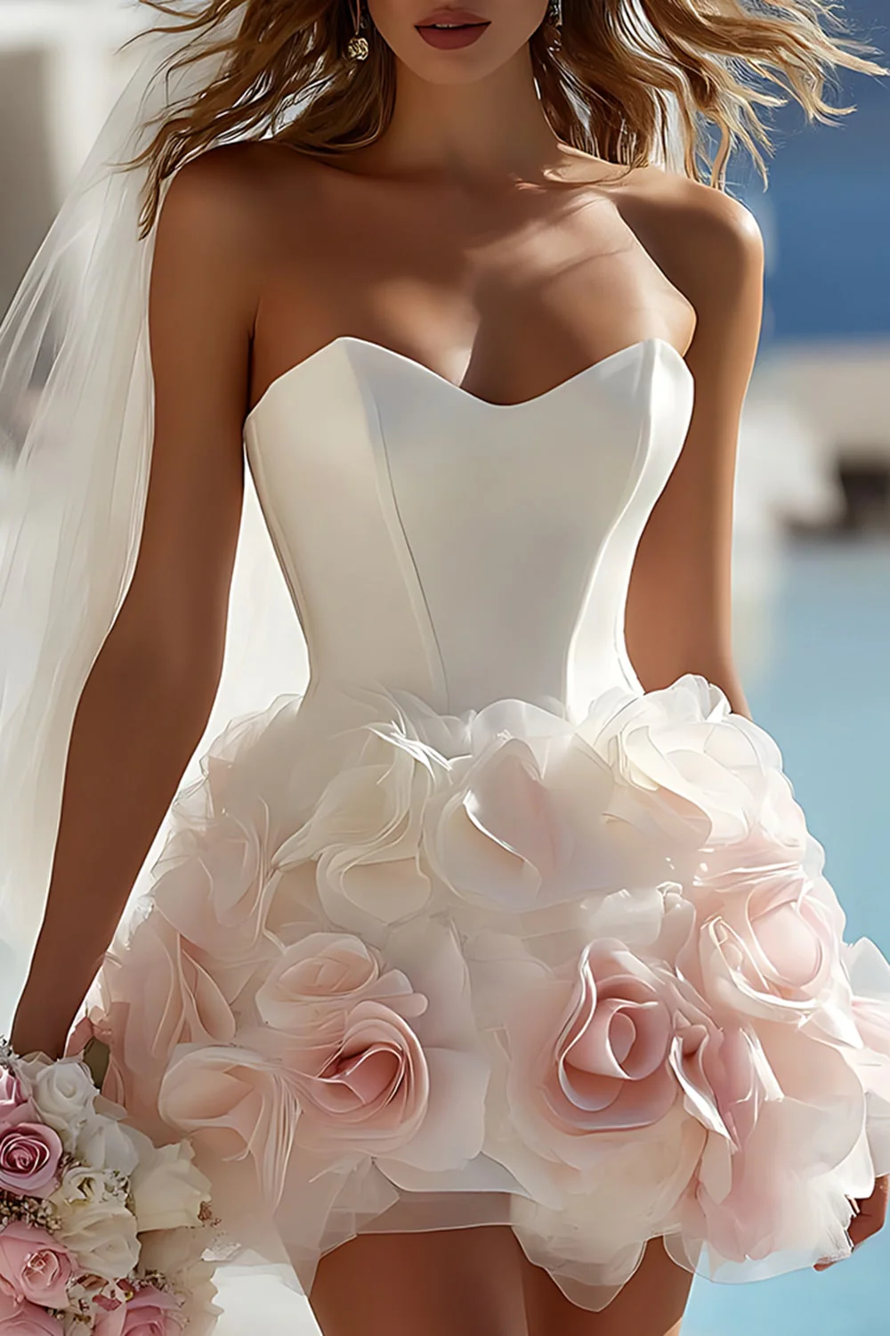 Krótka suknia ślubna z kością słoniową Sweetheart Bodycon z kwiatami 3D - Image 6