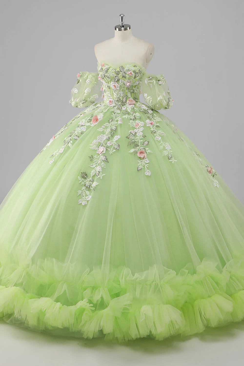 Księżniczka Cytryna Zielona Tiulowa Suknia Balowa Długa Quinceanera Sukienka Z Aplikacjami - Image 3