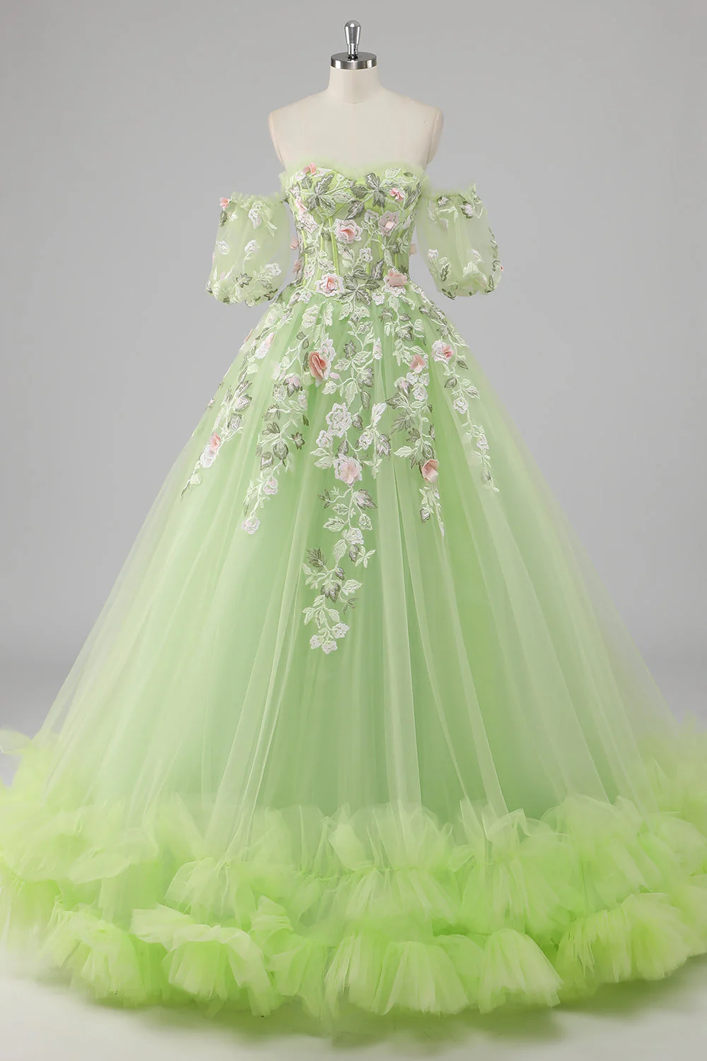 Księżniczka Cytryna Zielona Tiulowa Suknia Balowa Długa Quinceanera Sukienka Z Aplikacjami - Image 7