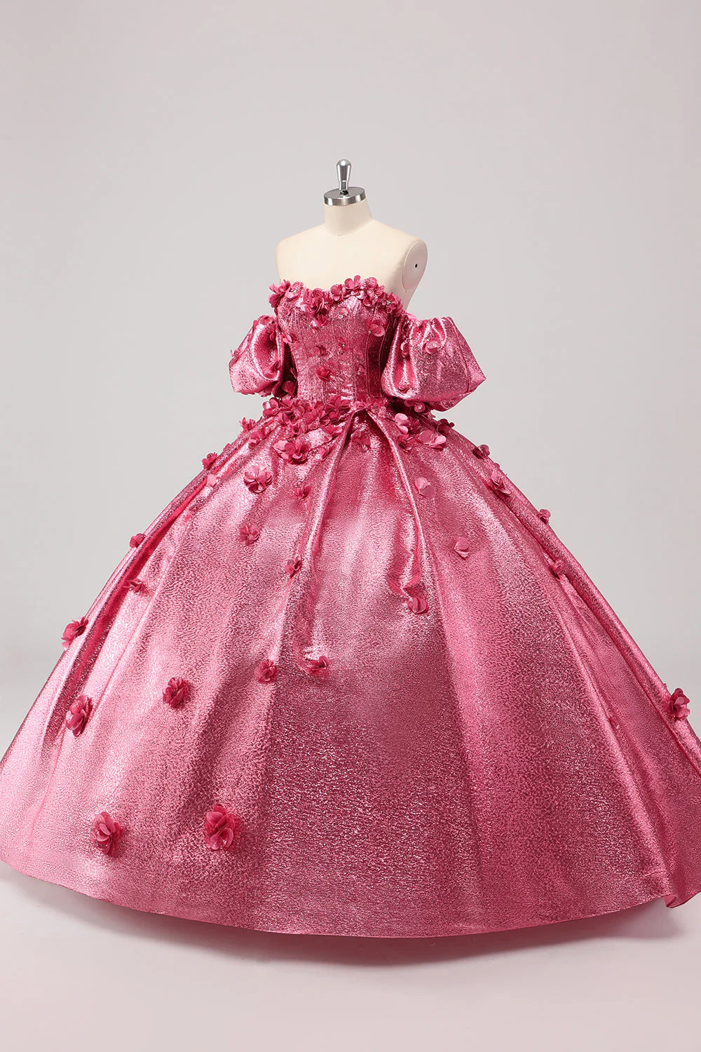 Księżniczka Fuksja Suknia Balowa Z Bufiastymi Rękawami Quinceanera Sukienka z Kwiatami 3D - Image 3