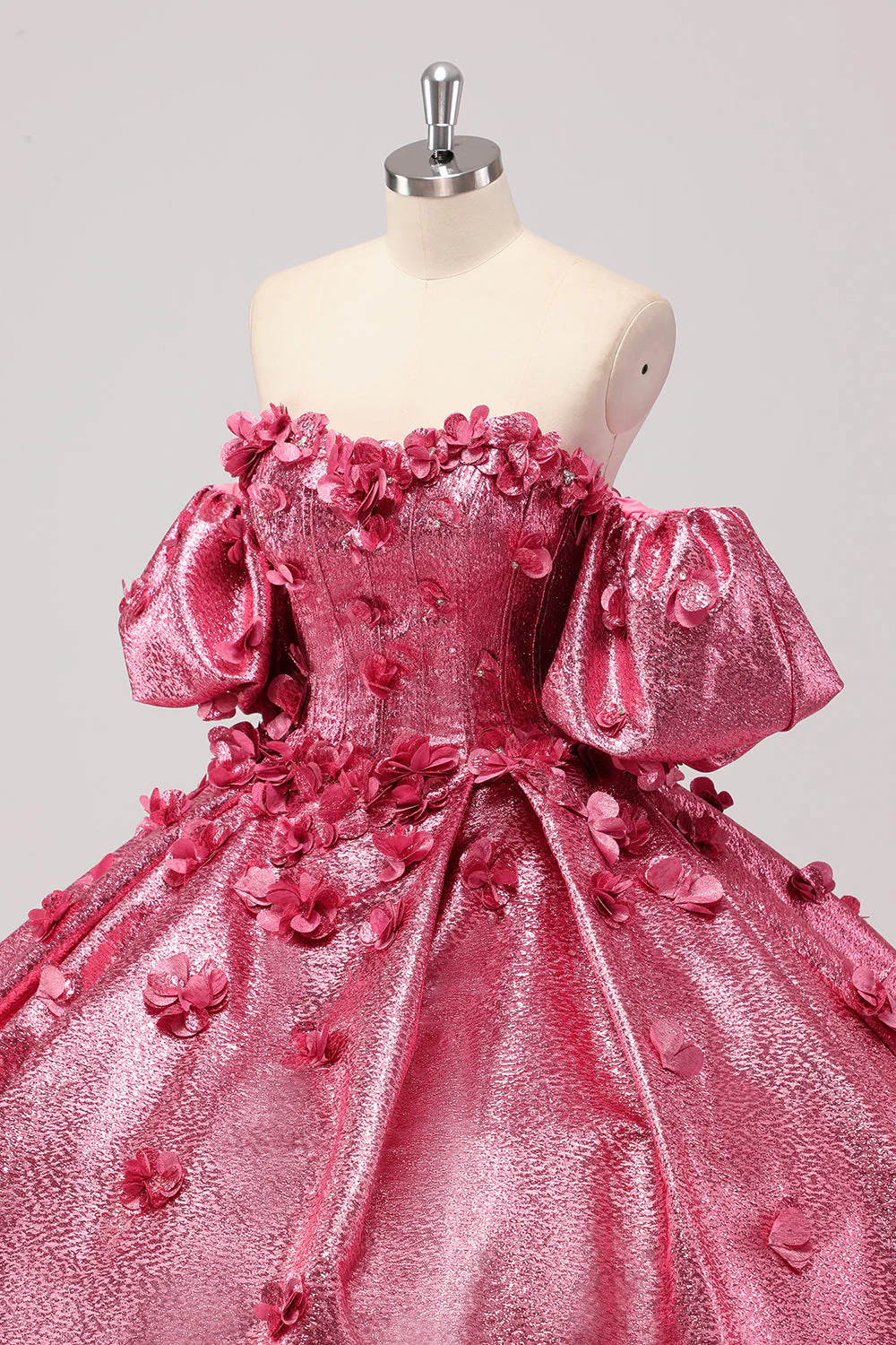 Księżniczka Fuksja Suknia Balowa Z Bufiastymi Rękawami Quinceanera Sukienka z Kwiatami 3D - Image 6