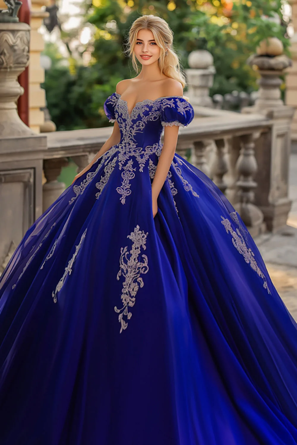 Księżniczka Królewska Niebieska Suknia Balowa Z Odkrytymi Ramionami Tiulowa Sukienka Quinceanera Z Koronkowymi Aplikacjami - Image 2