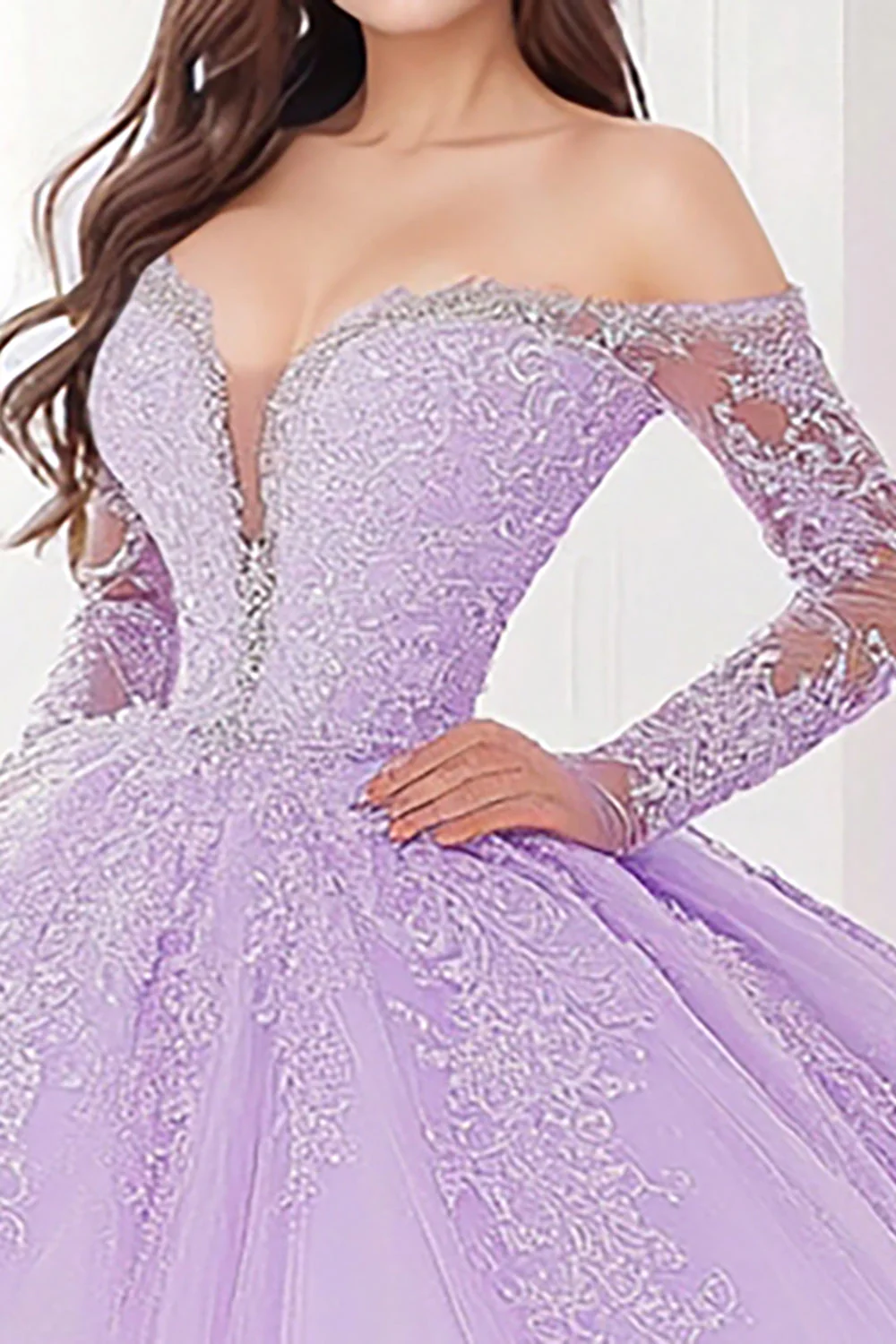 Księżniczka Liliowa suknia balowa z długimi rękawami z długimi rękawami Tiulowa sukienka Quinceanera z aplikacjami - Image 2