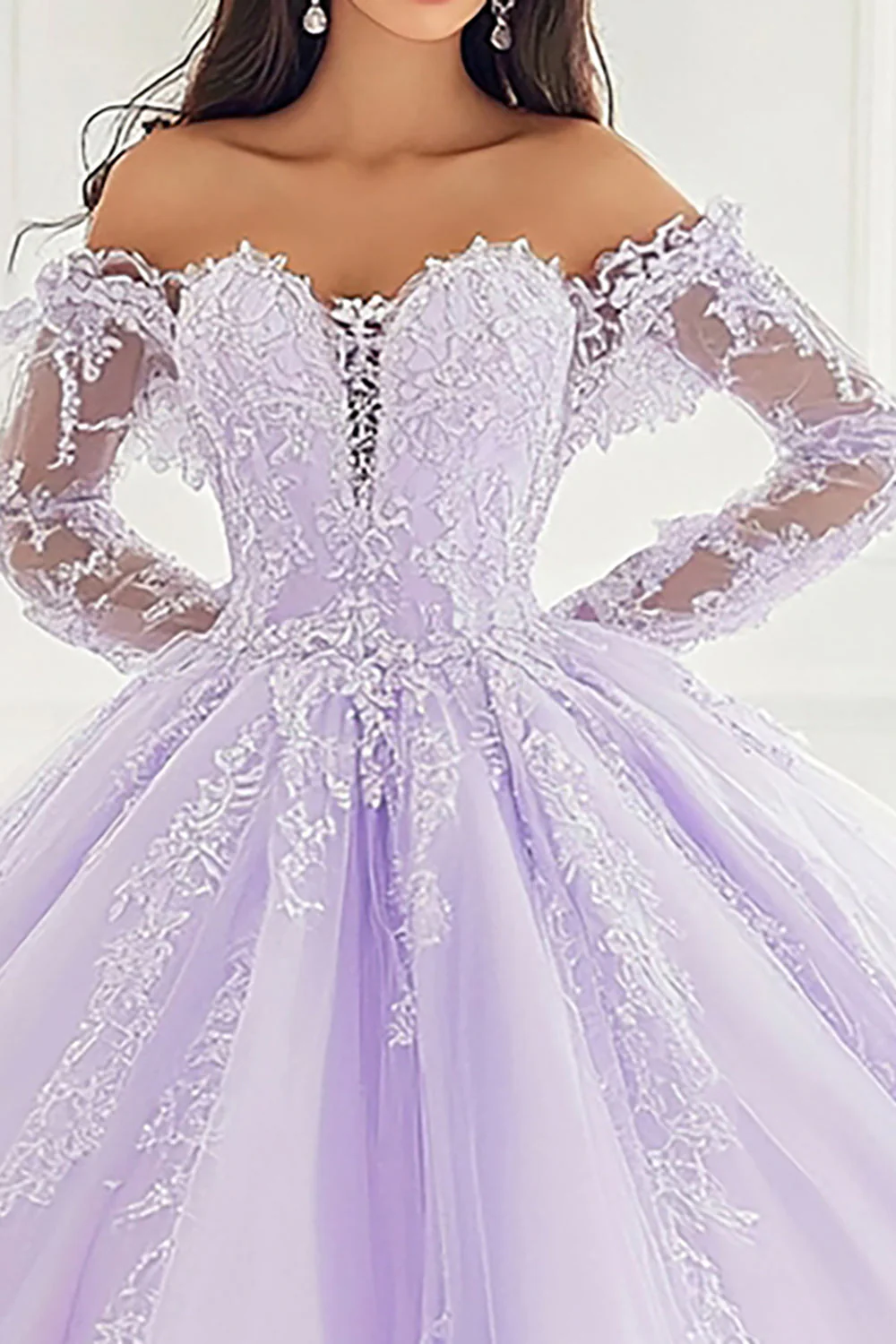 Księżniczka Liliowa suknia balowa z długimi rękawami z długimi rękawami Tiulowa sukienka Quinceanera z aplikacjami - Image 2
