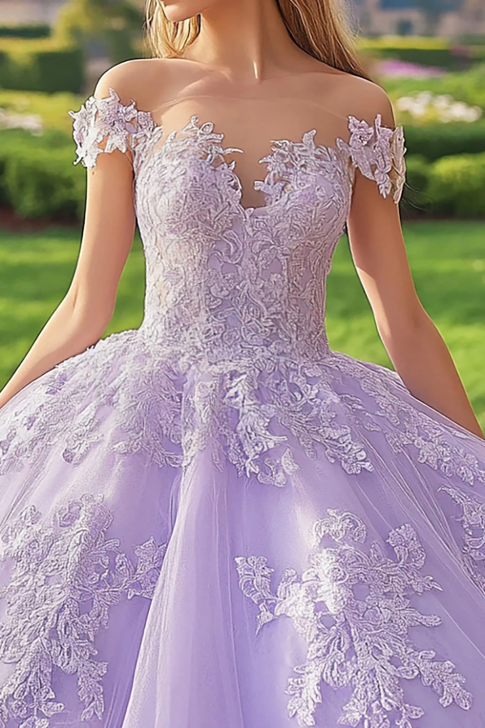 Księżniczka Liliowa suknia balowa z odkrytymi ramionami tiulowa sukienka Quinceanera z aplikacjami - Image 2