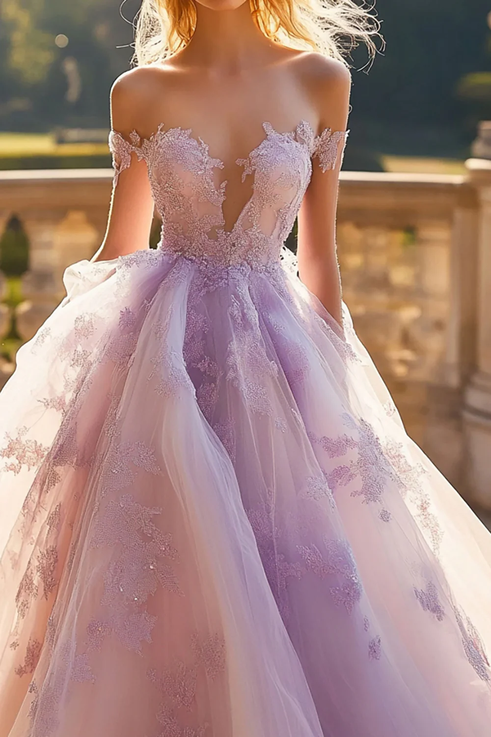 Księżniczka Liliowa suknia balowa z odkrytymi ramionami tiulowa sukienka quinceanera z koronkowymi aplikacjami - Image 3