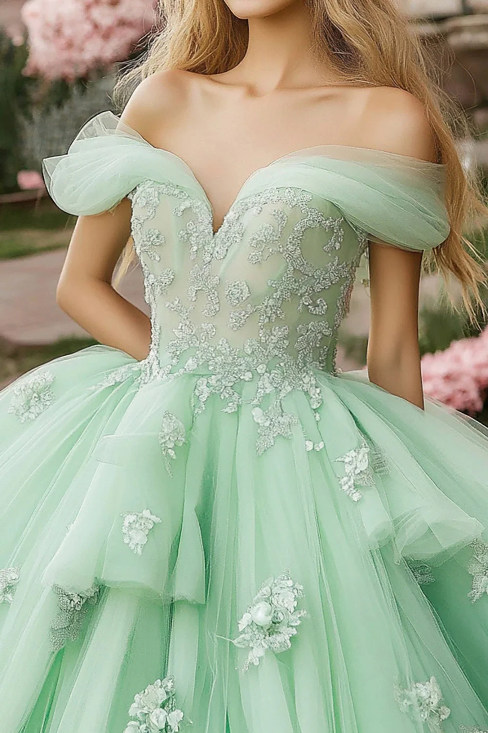 Księżniczka Mint Balowa Suknia Z Odkrytymi Ramionami Falbany Tiulowa Sukienka Quinceanera Z Koronkowymi Aplikacjami - Image 2