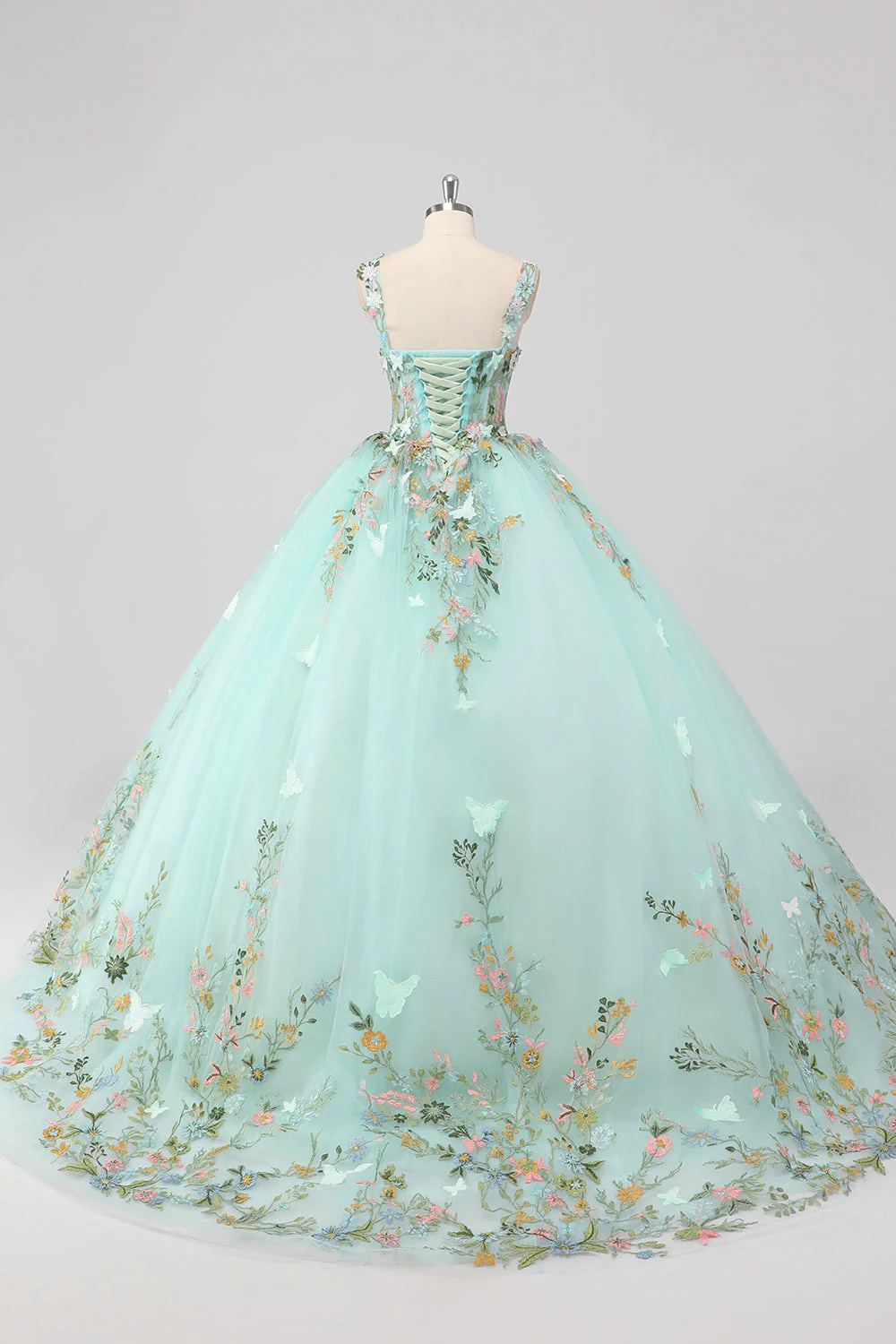 Księżniczka Mint Suknia Balowa Spaghetti Ramiączka Tiulowa sukienka Quinceanera z aplikacjami kwiatowymi - Image 2