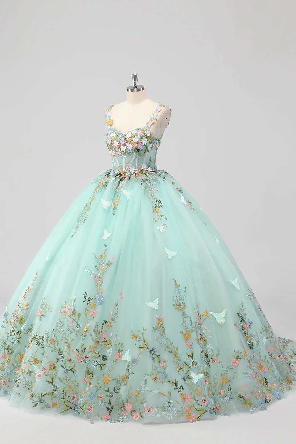 Księżniczka Mint Suknia Balowa Spaghetti Ramiączka Tiulowa sukienka Quinceanera z aplikacjami kwiatowymi - Image 3