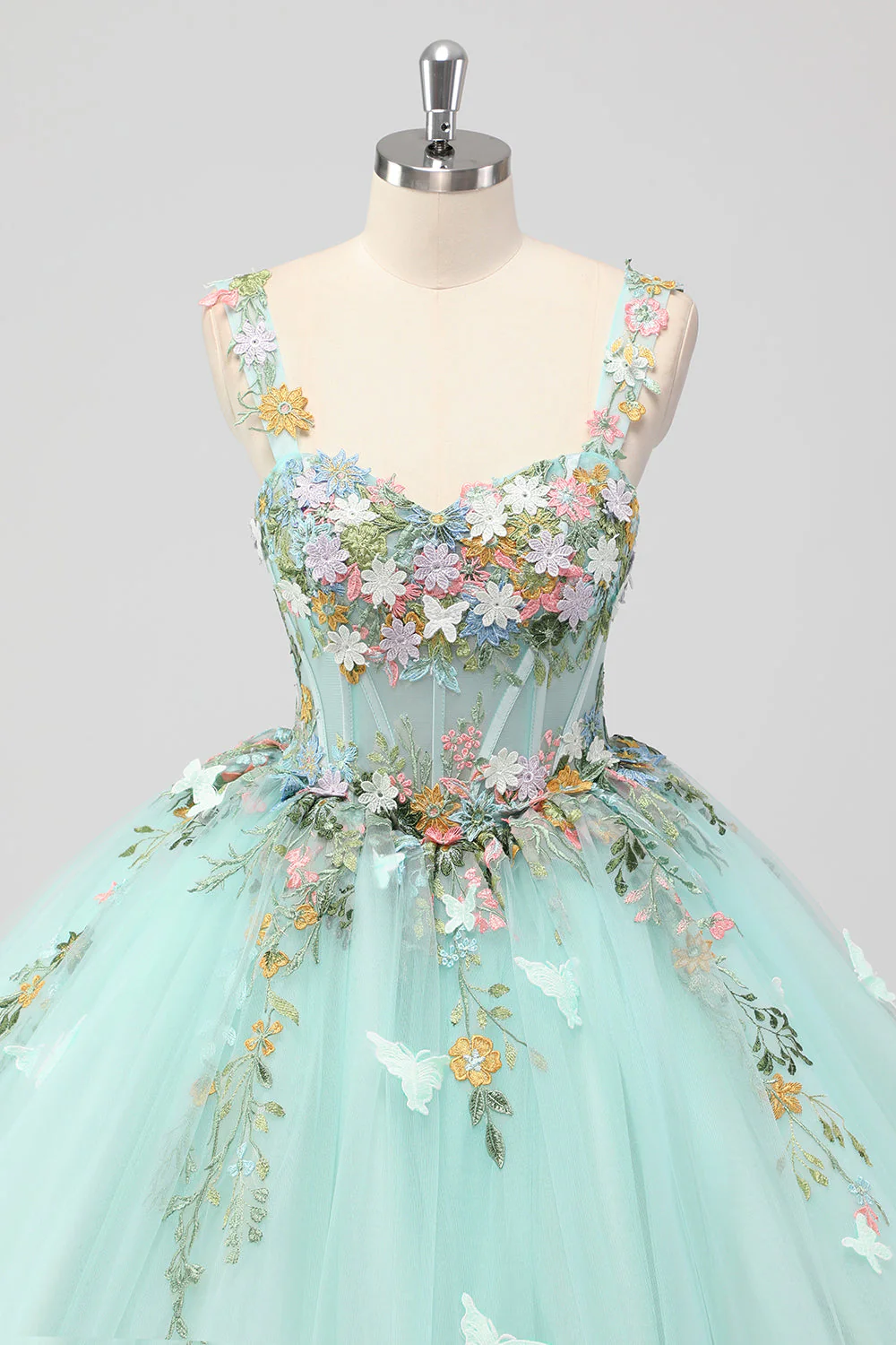 Księżniczka Mint Suknia Balowa Spaghetti Ramiączka Tiulowa sukienka Quinceanera z aplikacjami kwiatowymi - Image 4
