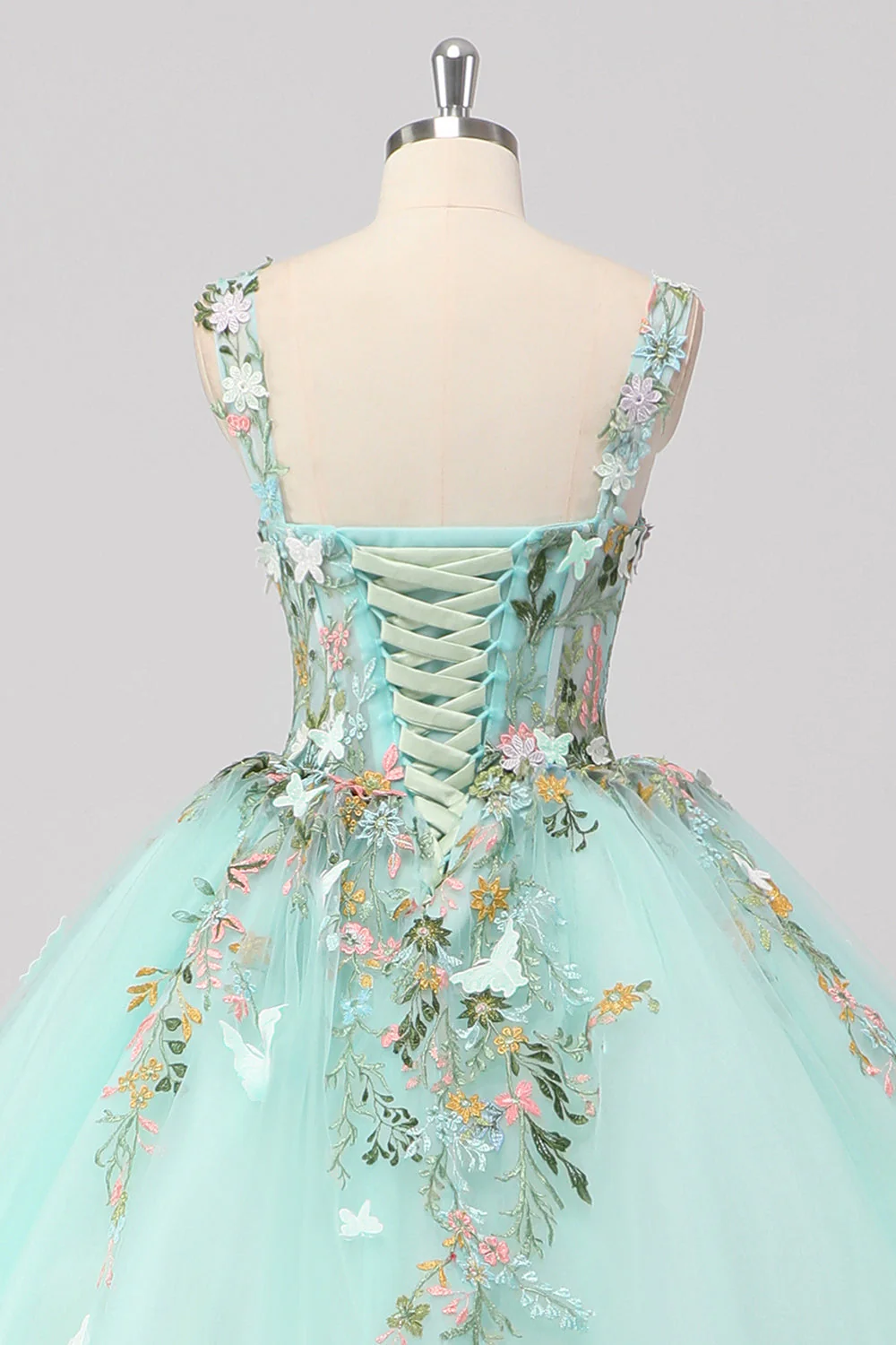 Księżniczka Mint Suknia Balowa Spaghetti Ramiączka Tiulowa sukienka Quinceanera z aplikacjami kwiatowymi - Image 5