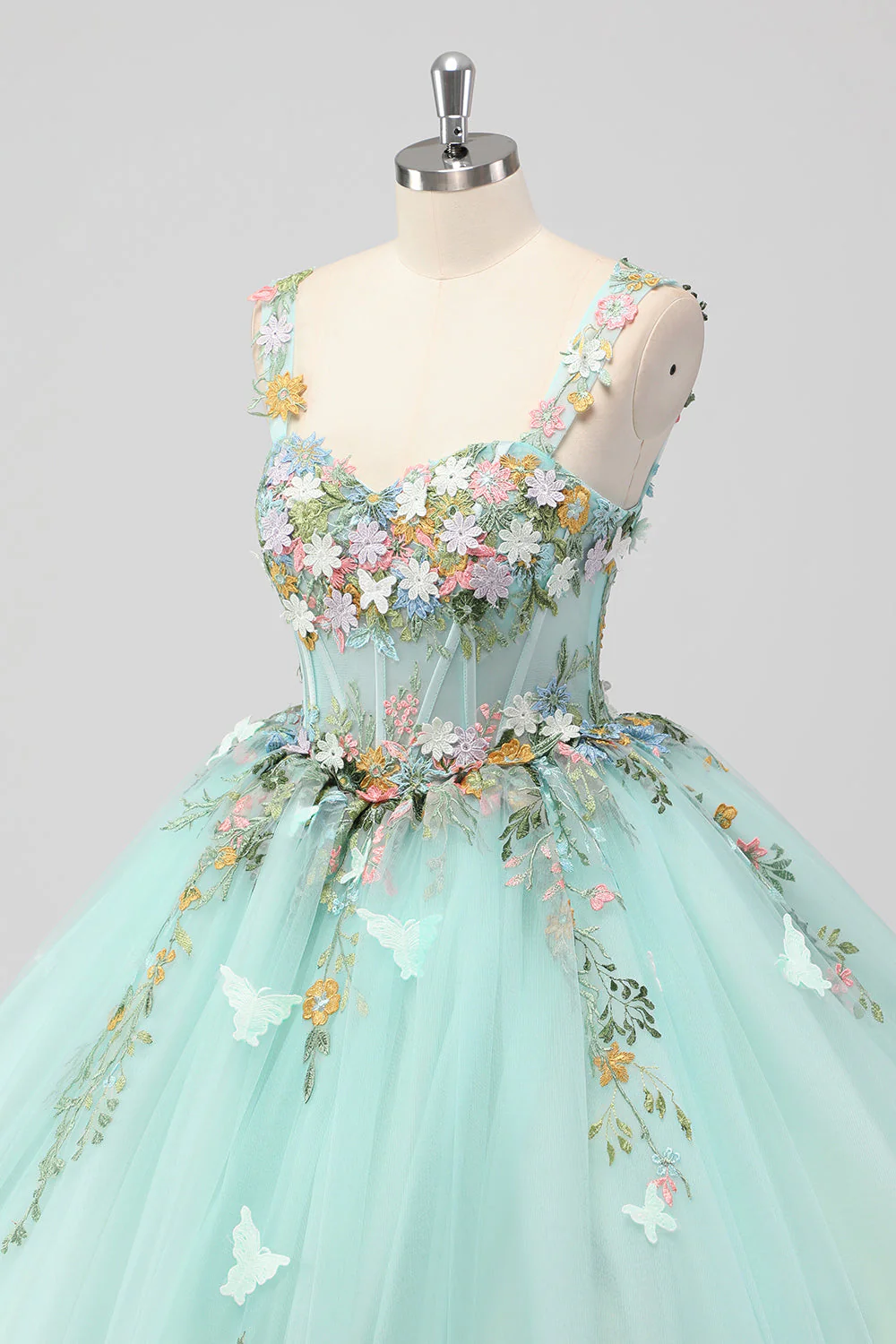 Księżniczka Mint Suknia Balowa Spaghetti Ramiączka Tiulowa sukienka Quinceanera z aplikacjami kwiatowymi - Image 6