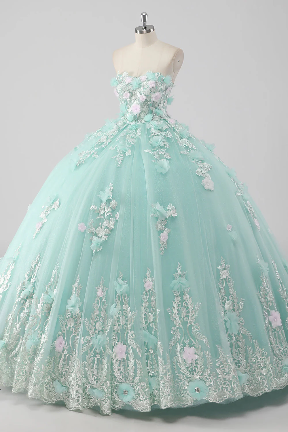 Księżniczka Mint Suknia Balowa Tiulowa Sukienka bez ramiączek Quinceanera z kwiatami 3D - Image 3