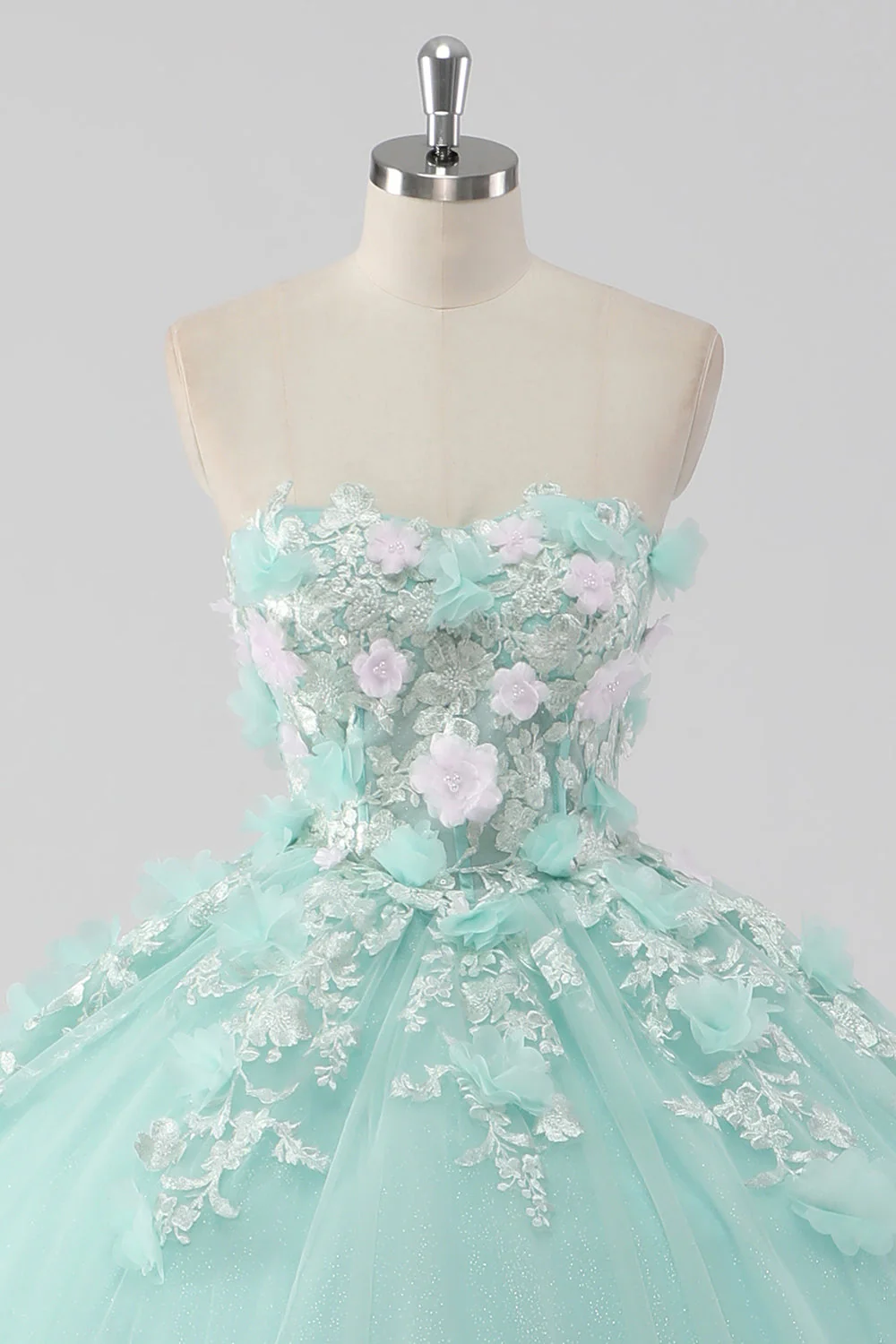 Księżniczka Mint Suknia Balowa Tiulowa Sukienka bez ramiączek Quinceanera z kwiatami 3D - Image 4