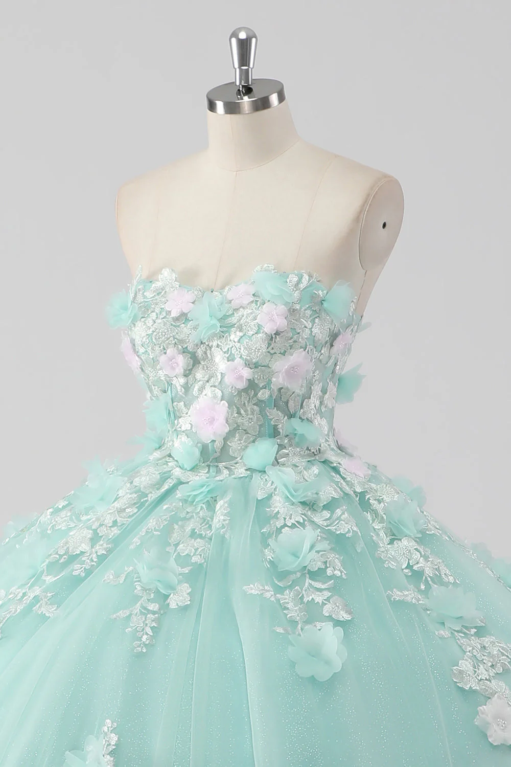 Księżniczka Mint Suknia Balowa Tiulowa Sukienka bez ramiączek Quinceanera z kwiatami 3D - Image 6