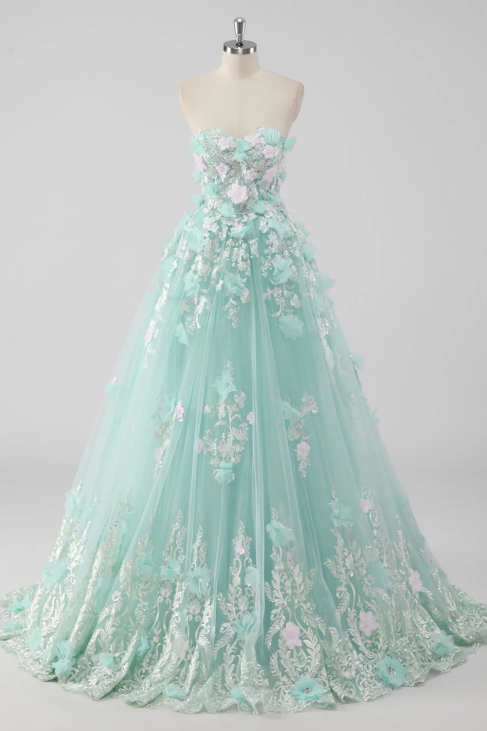 Księżniczka Mint Suknia Balowa Tiulowa Sukienka bez ramiączek Quinceanera z kwiatami 3D - Image 7