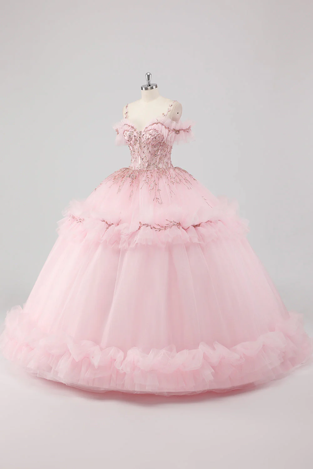 Księżniczka Róż Suknia Balowa Zimne Ramię Falbany Tiulowa Sukienka Quinceanera z cekinowym haftem - Image 3