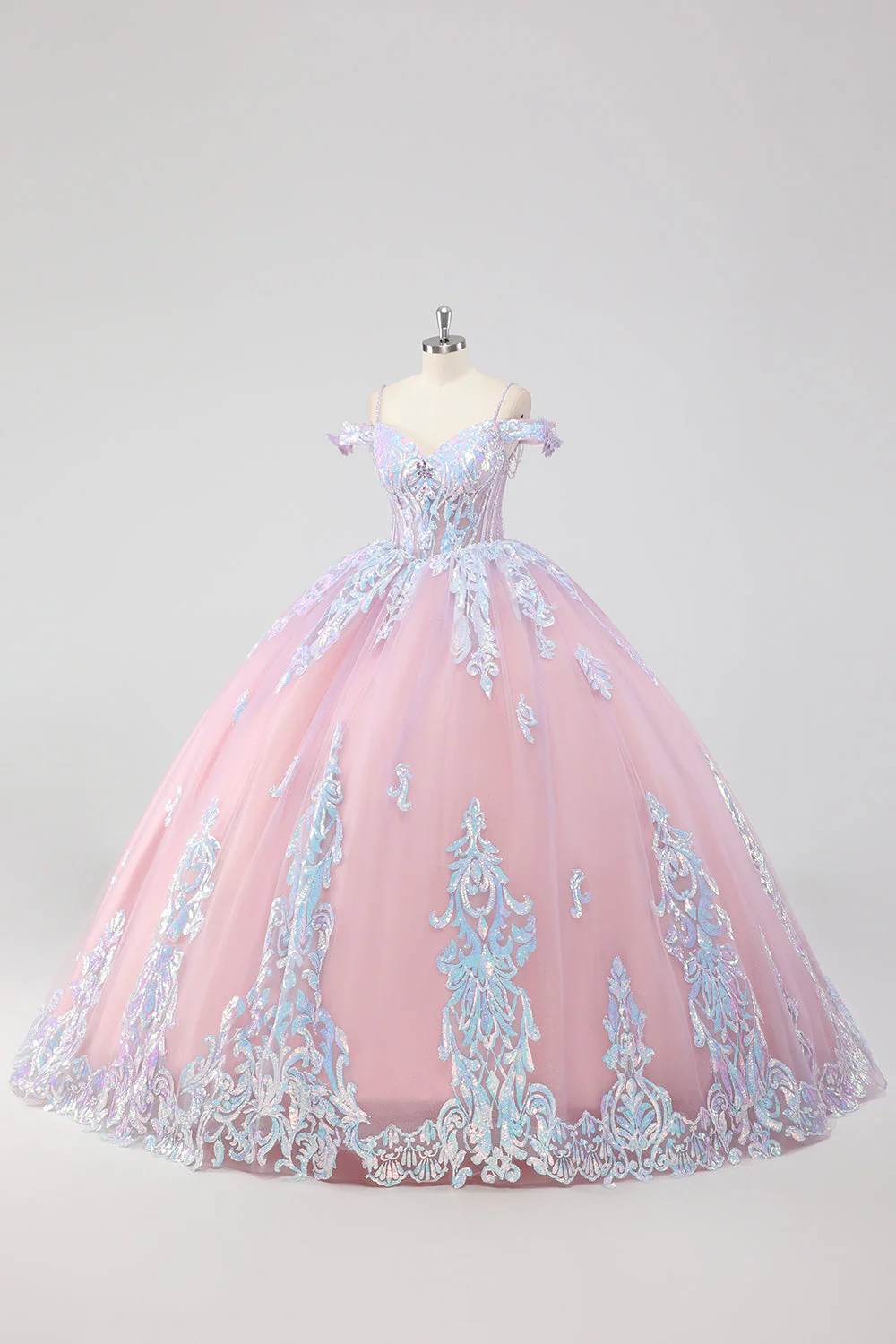 Księżniczka Róż Z Odkrytymi Ramionami Cekiny Cyrkonie Tiulowa Sukienka Quinceanera Z Kokardą - Image 3