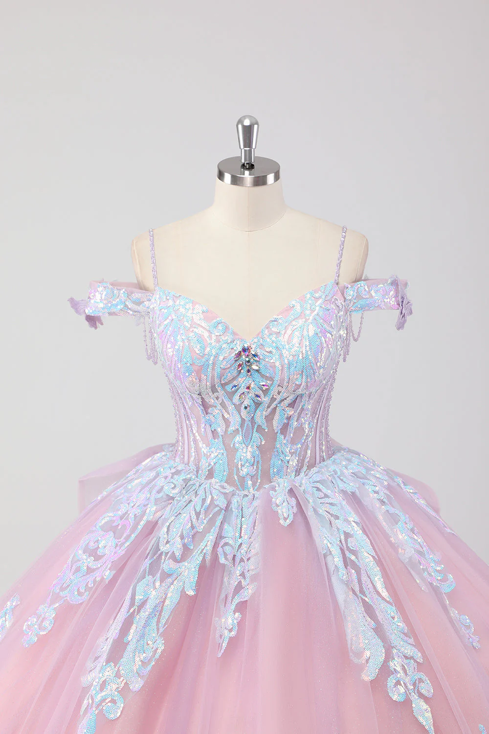 Księżniczka Róż Z Odkrytymi Ramionami Cekiny Cyrkonie Tiulowa Sukienka Quinceanera Z Kokardą - Image 4