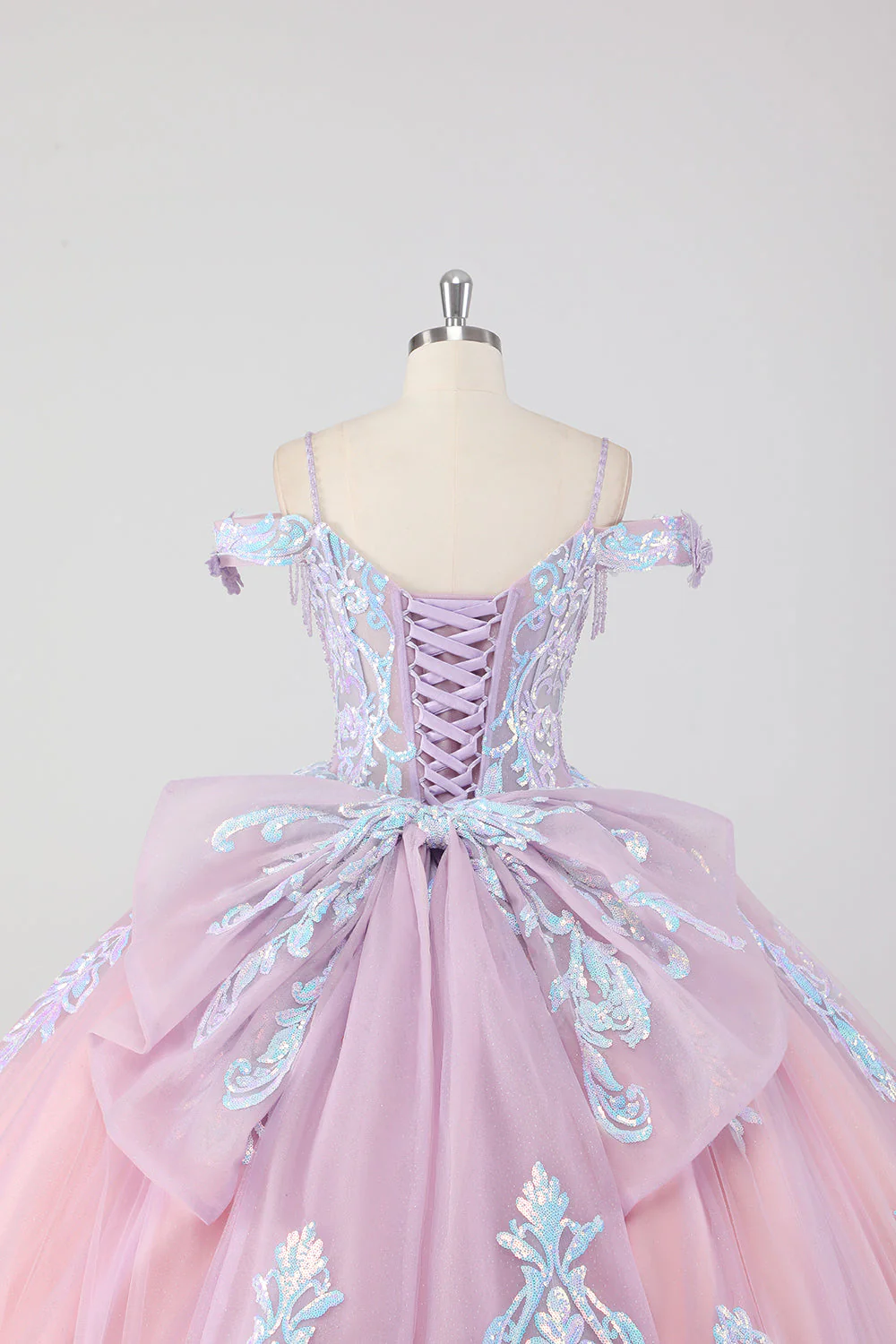Księżniczka Róż Z Odkrytymi Ramionami Cekiny Cyrkonie Tiulowa Sukienka Quinceanera Z Kokardą - Image 5