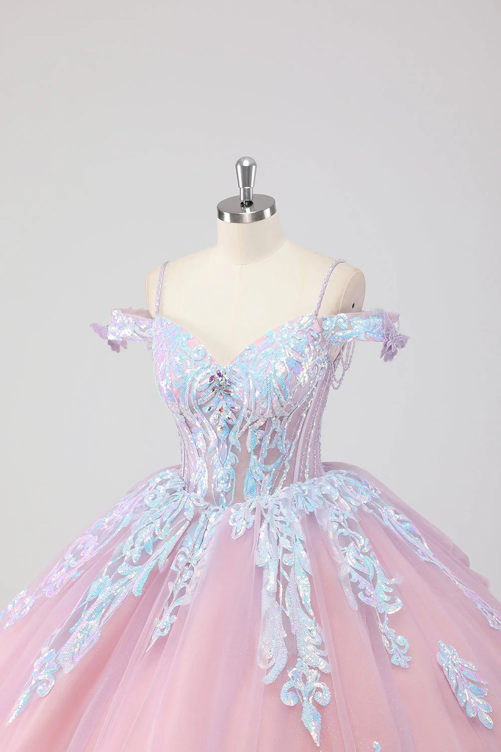 Księżniczka Róż Z Odkrytymi Ramionami Cekiny Cyrkonie Tiulowa Sukienka Quinceanera Z Kokardą - Image 6