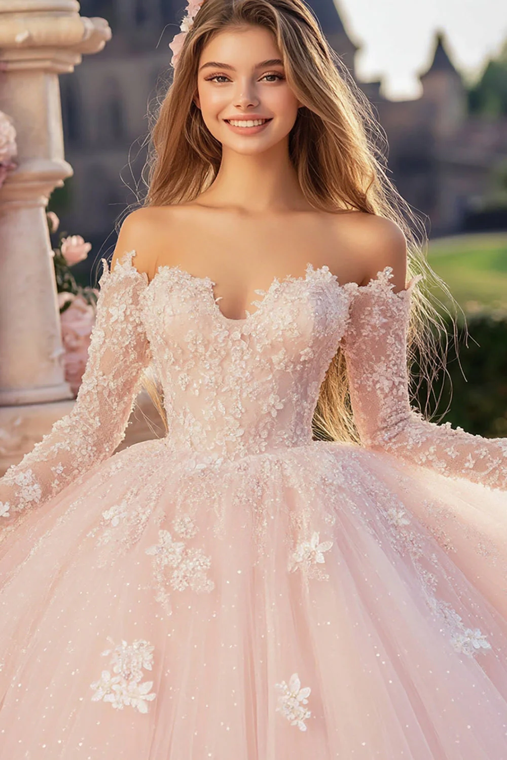 Księżniczka różowa suknia balowa z długimi rękawami z długimi rękawami Tiulowa sukienka quinceanera z koronkowymi aplikacjami - Image 2