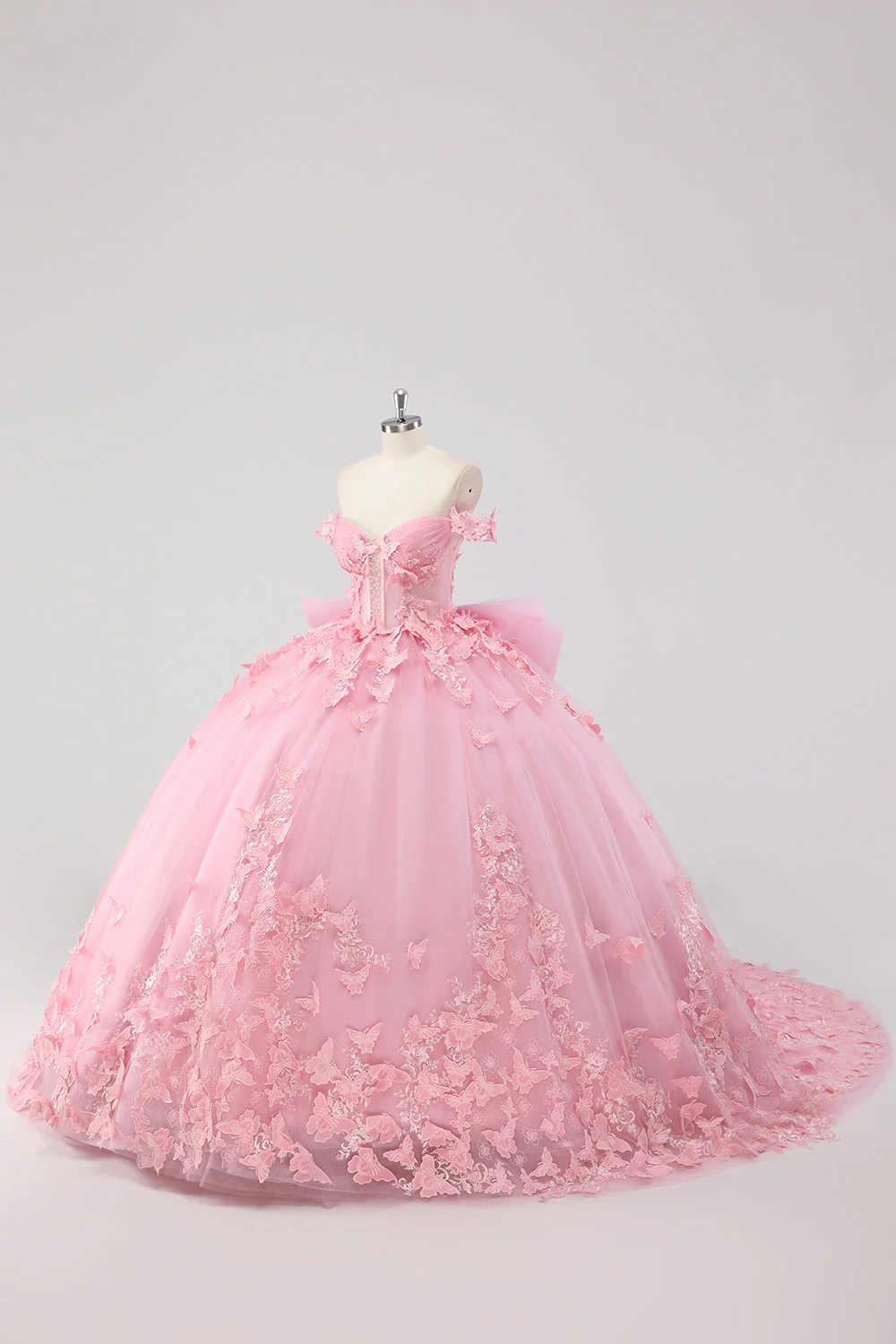 Księżniczka Różowa Suknia Balowa Z Odkrytymi Ramionami Z Koralikami Motyl Tiulowa Sukienka Quinceanera Z Kokardą - Image 3