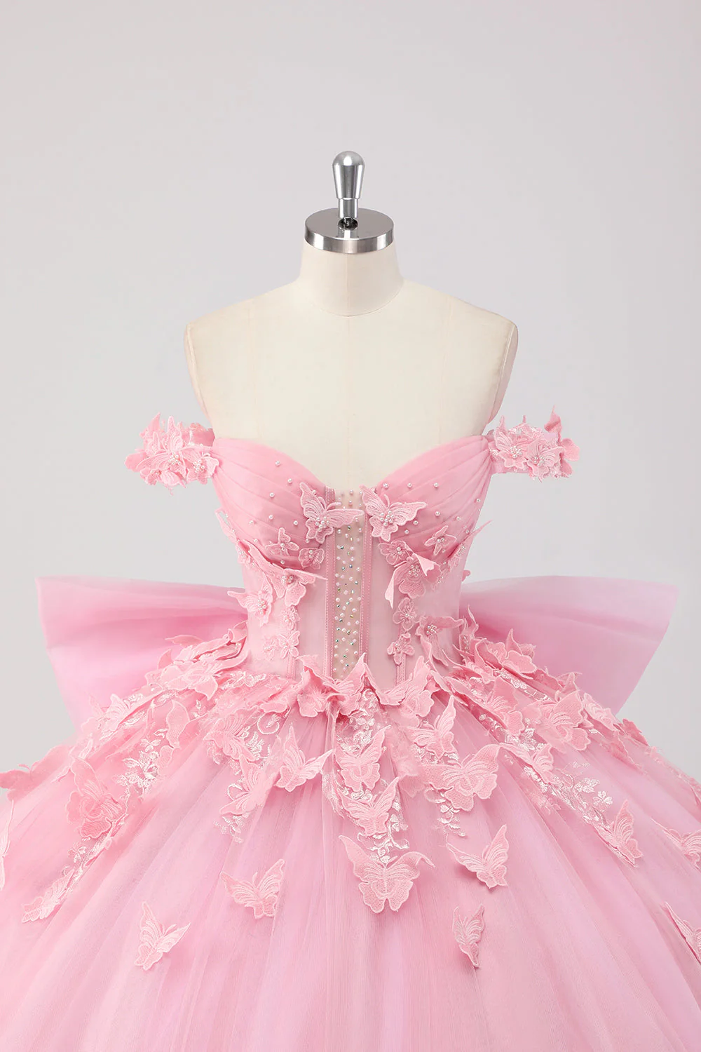Księżniczka Różowa Suknia Balowa Z Odkrytymi Ramionami Z Koralikami Motyl Tiulowa Sukienka Quinceanera Z Kokardą - Image 4