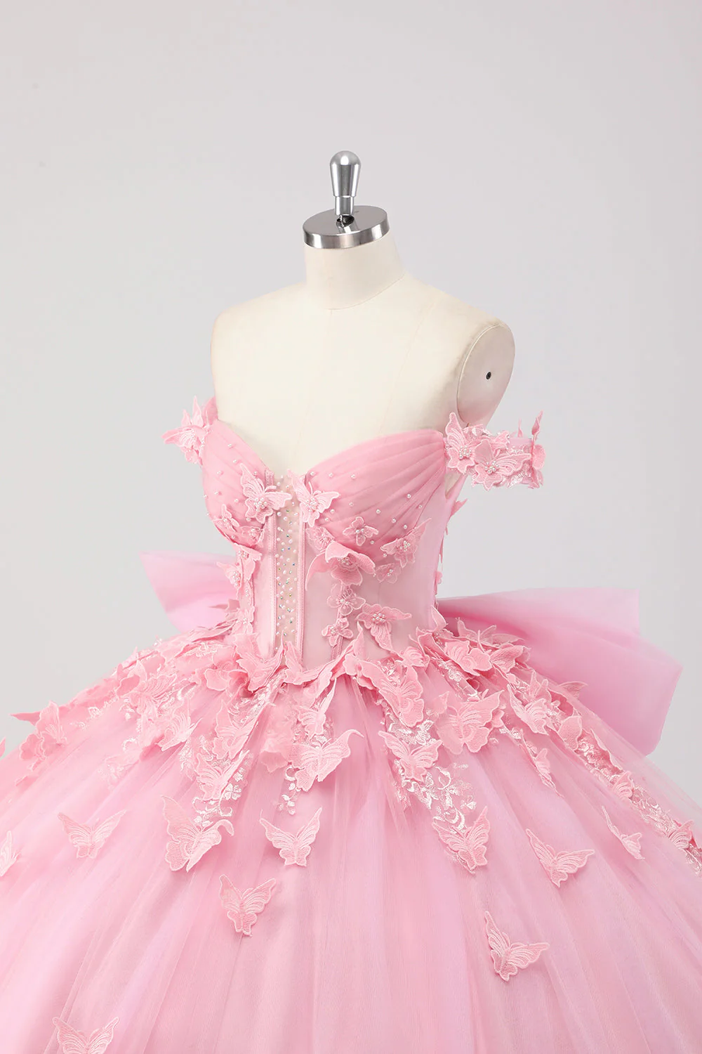 Księżniczka Różowa Suknia Balowa Z Odkrytymi Ramionami Z Koralikami Motyl Tiulowa Sukienka Quinceanera Z Kokardą - Image 6