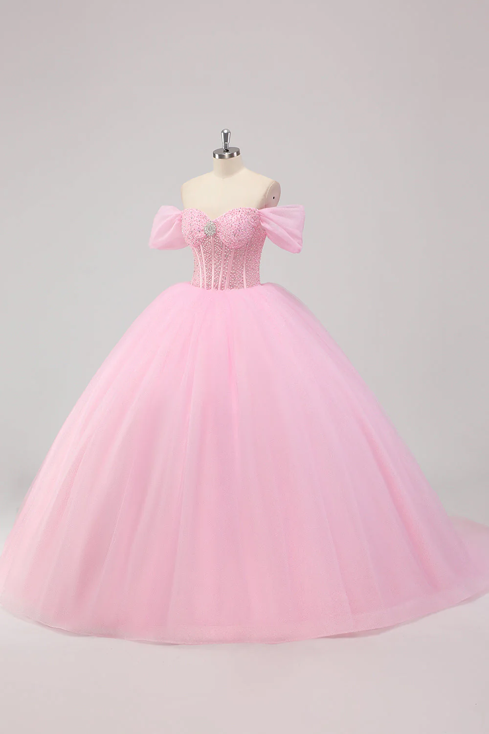 Księżniczka różowa suknia balowa z odkrytymi ramionami z koralików tiulowa sukienka quinceanera - Image 3
