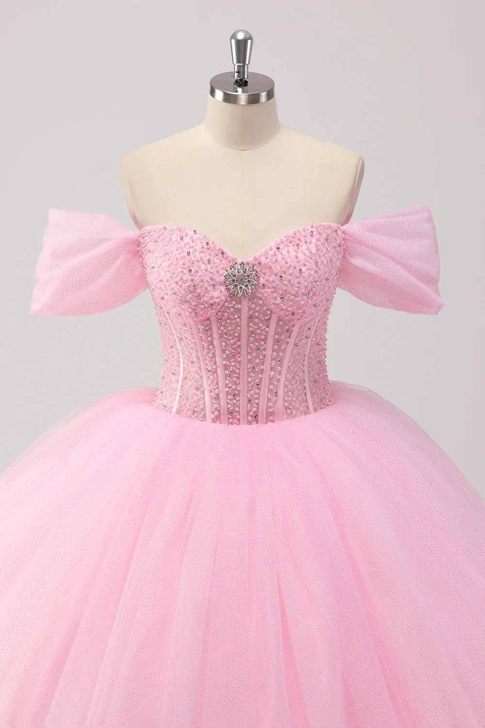 Księżniczka różowa suknia balowa z odkrytymi ramionami z koralików tiulowa sukienka quinceanera - Image 4