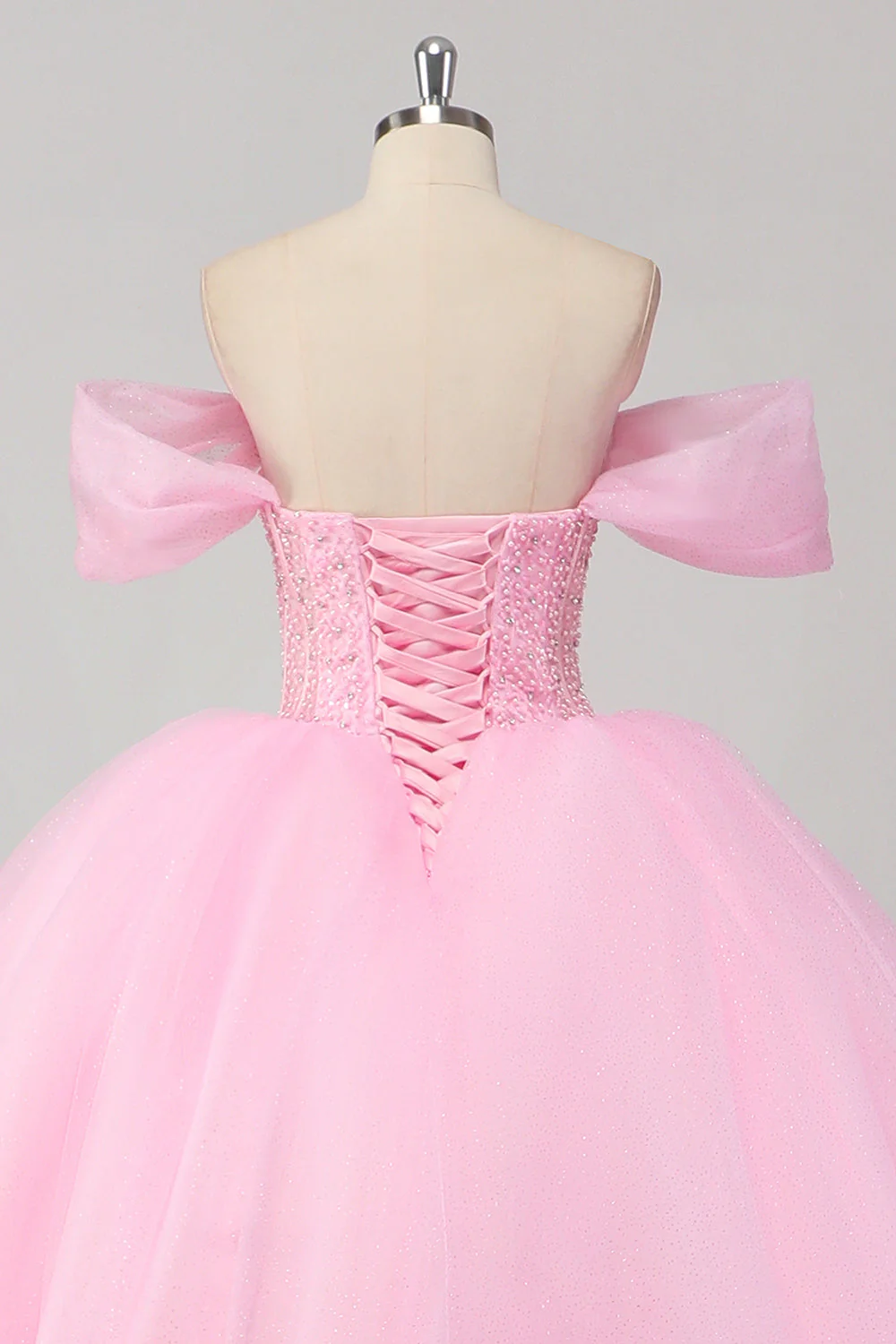 Księżniczka różowa suknia balowa z odkrytymi ramionami z koralików tiulowa sukienka quinceanera - Image 5