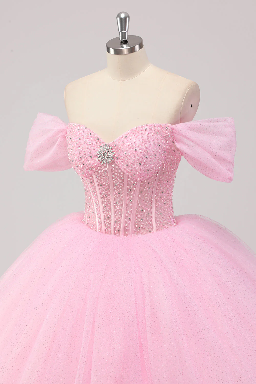 Księżniczka różowa suknia balowa z odkrytymi ramionami z koralików tiulowa sukienka quinceanera - Image 6