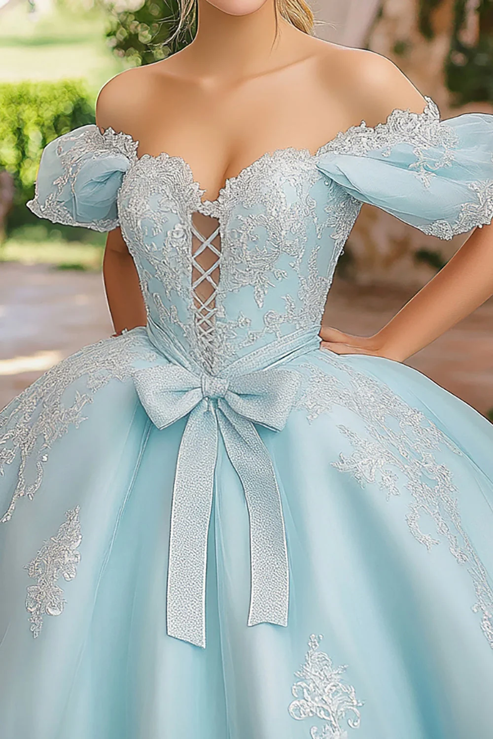 Księżniczka Sky Blue Suknia Balowa Off Off Shoulder Sznurowane Aplikacje Z Przodu Tiulowa Sukienka Quinceanera z kokardą - Image 2