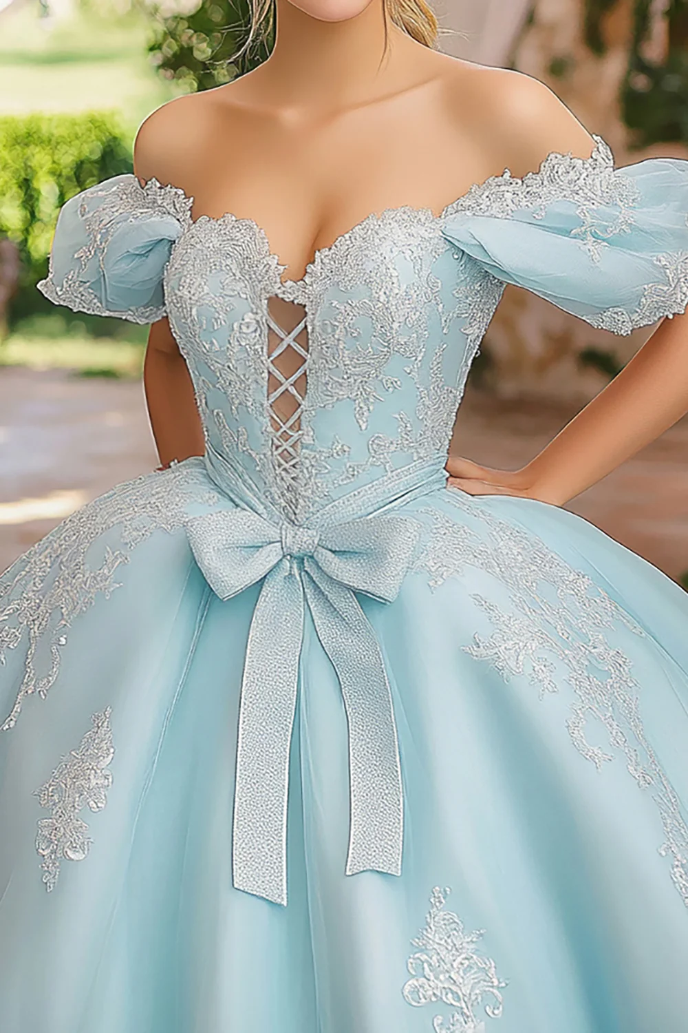 Księżniczka Sky Blue Suknia Balowa Off Off Shoulder Sznurowane Aplikacje Z Przodu Tiulowa Sukienka Quinceanera z kokardą - Image 3