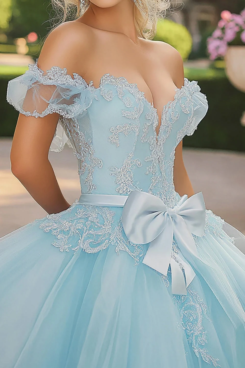 Księżniczka Sky Blue Suknia Balowa Z Odkrytymi Ramionami Tiulowe Koronkowe Aplikacje Sukienka Quinceanera Z Kokardą - Image 2