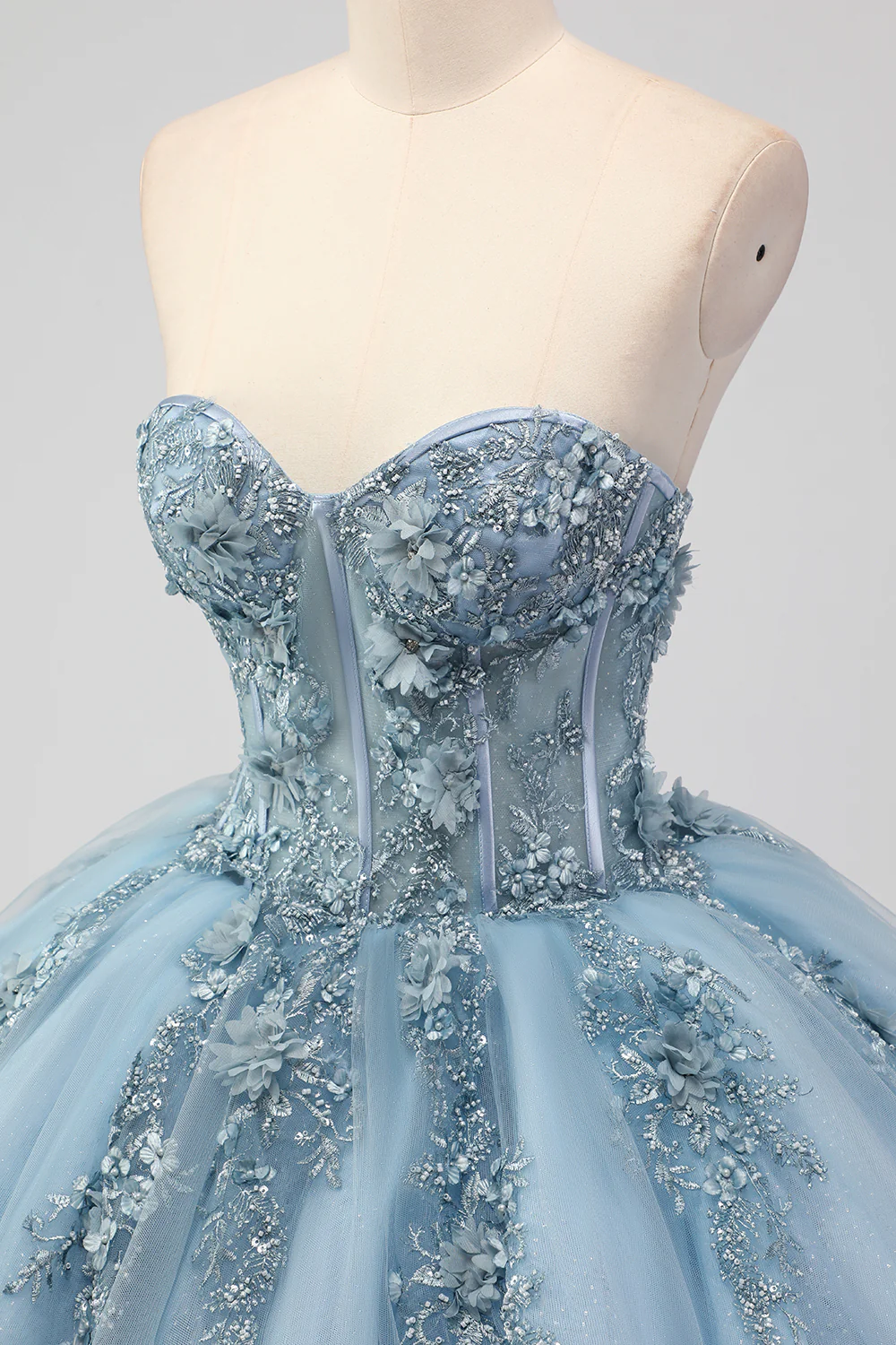 Księżniczka Szara Niebieska Tiulowa Sukienka Bez Ramiączek Quinceanera z aplikacjami - Image 10