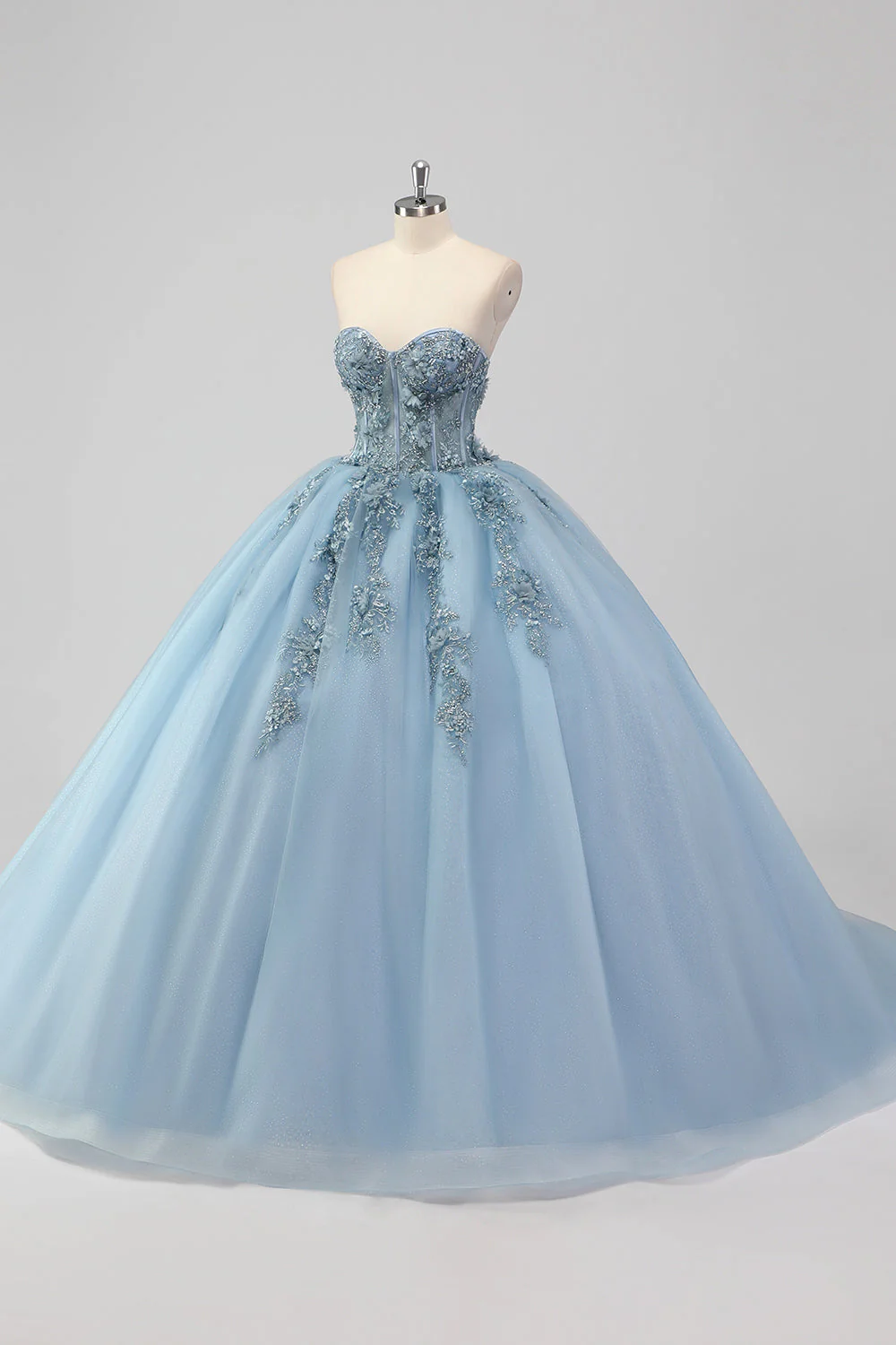 Księżniczka Szara Niebieska Tiulowa Sukienka Bez Ramiączek Quinceanera z aplikacjami - Image 11